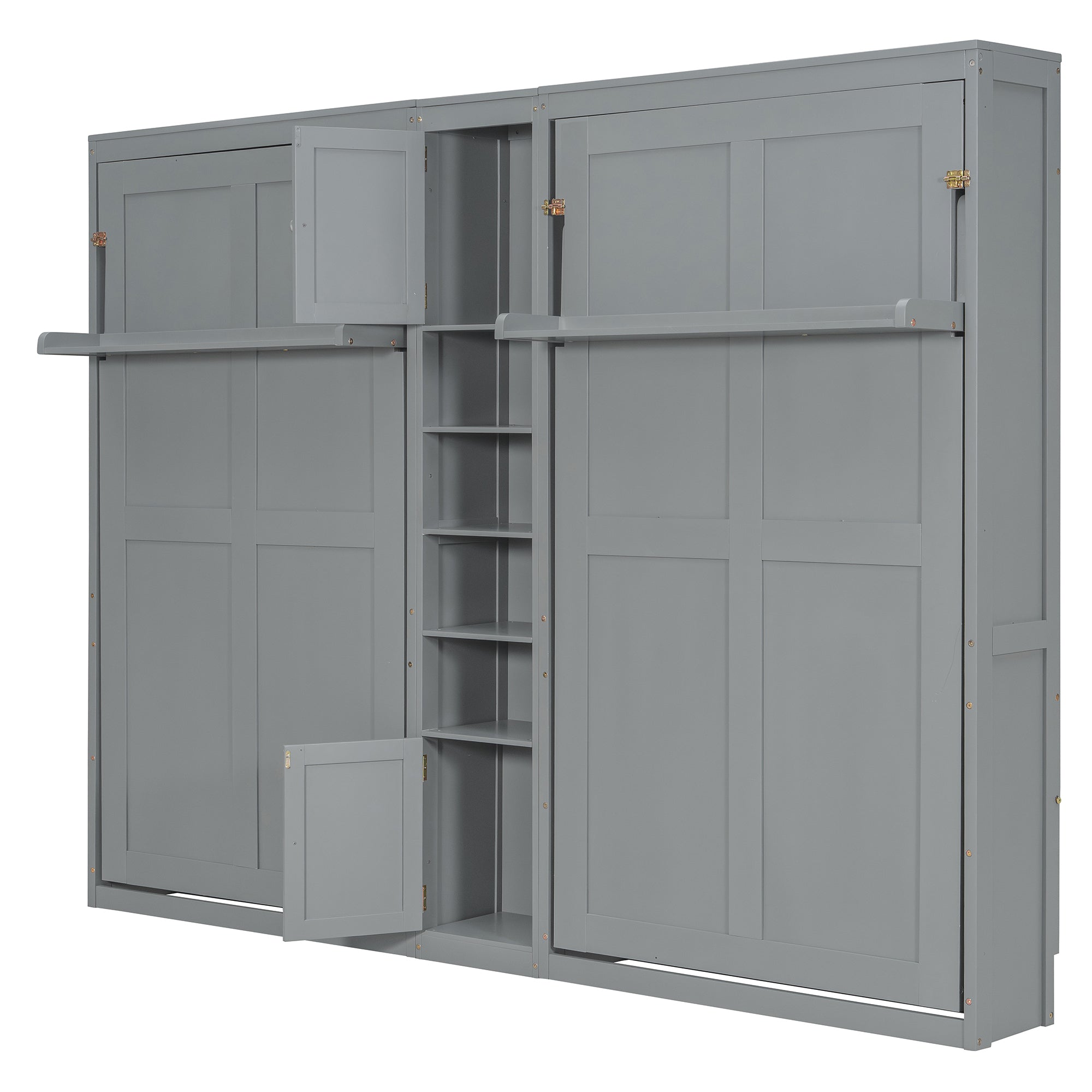 Dual Twin size Wall Murphy Beds with Cabinets and Shelves, Gray