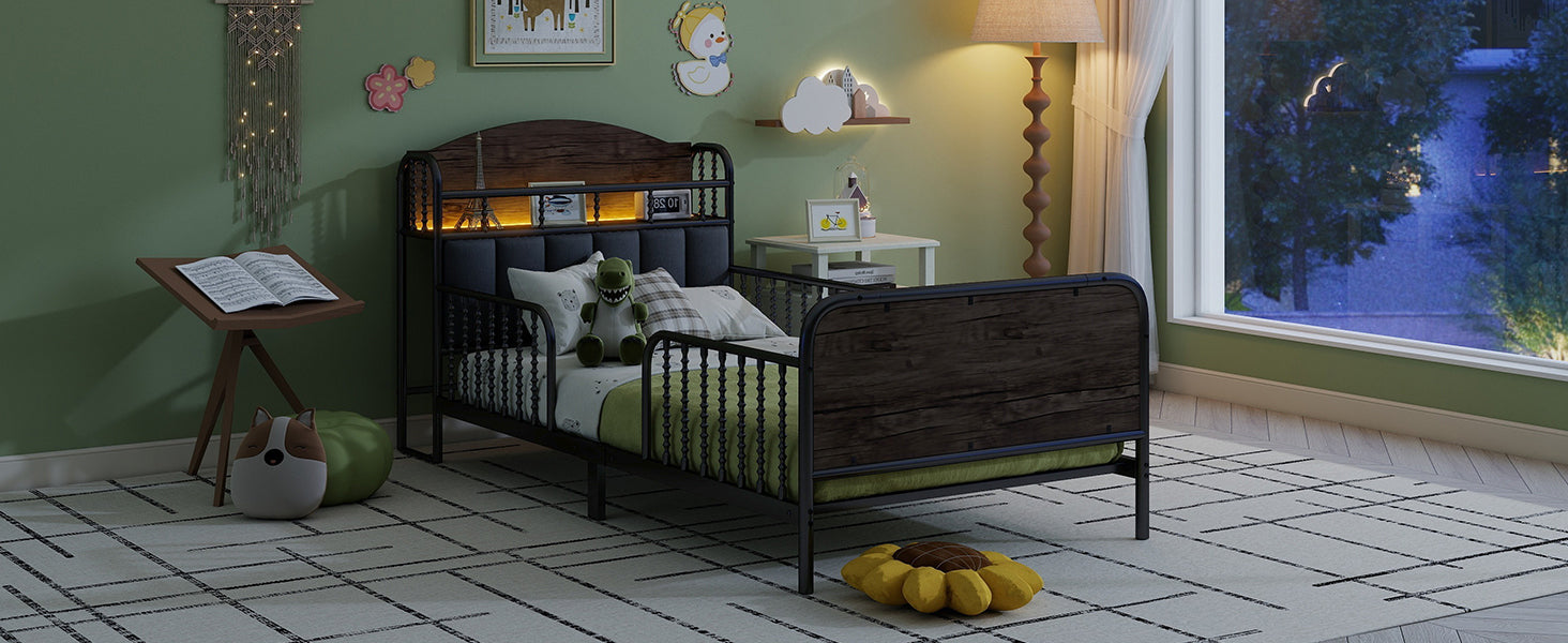 Twin Size Metal Platform Bed Frame with Light, Kids Twin Metal Bed with Upholstered and Storage Headboard, Black (Expect Arrival Date 2025/10/5)