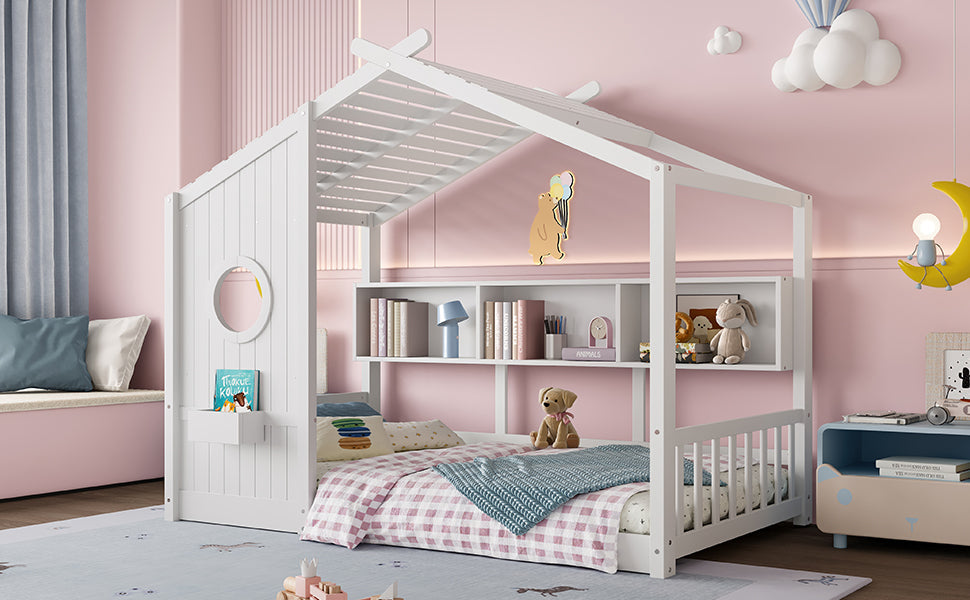 Twin Size Floor House Bed for Toddler, Kids Montessori Bed  with Storage Shelf, Playhouse Bed with Roof Design, White