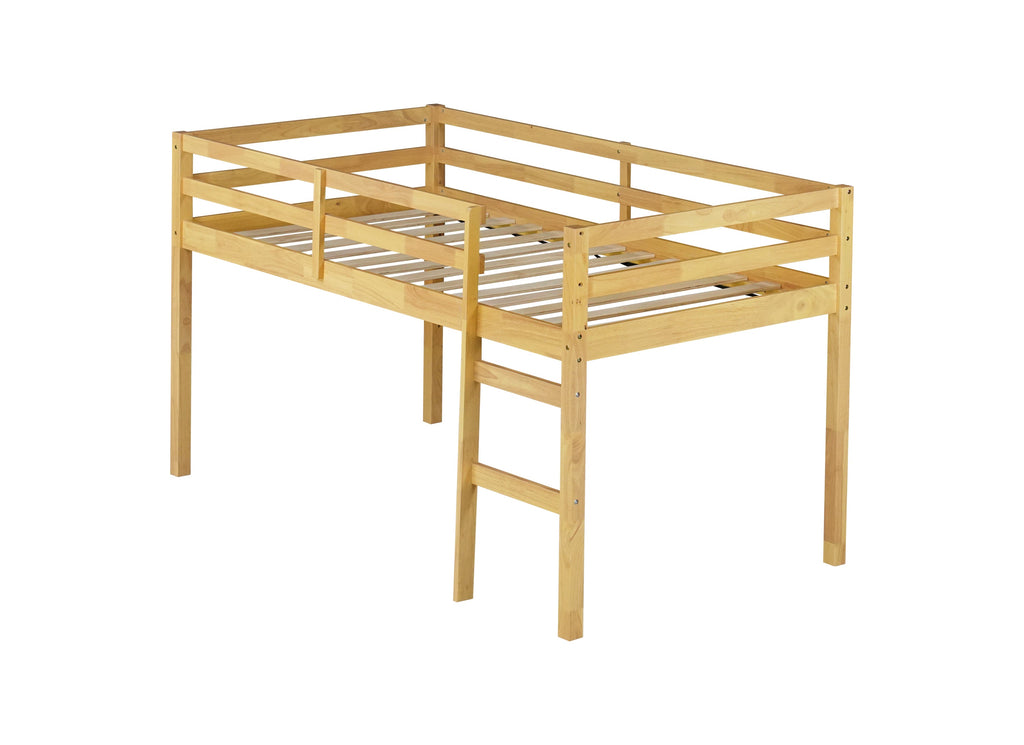 Solid Wooden, Rubber Wooden Twin Loft Bed with Ladder, Bed Platform of Strengthened Slats, Natural