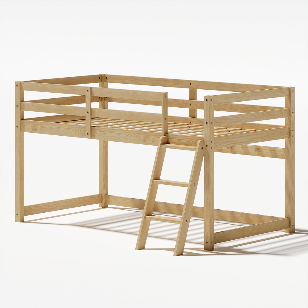 Kids Twin Low Loft Bed - Convertible to Bunk Bed, Solid Wood Modern Bed Frame with LED Strip Lighting, OAK.