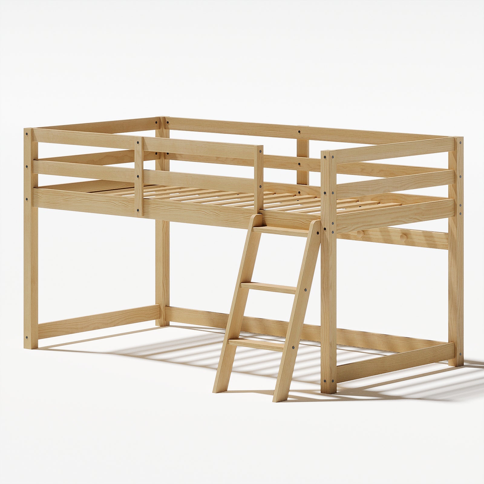 Kids Twin Low Loft Bed - Convertible to Bunk Bed, Solid Wood Modern Bed Frame with LED Strip Lighting, OAK.