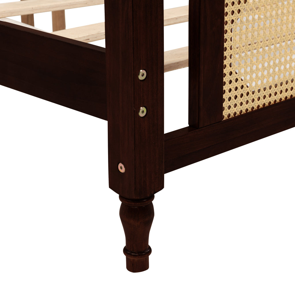 King Pine wooden Bed with Rattan Headboard  and Footboard, with  Central Enhanced Bed Platform ,Espresso