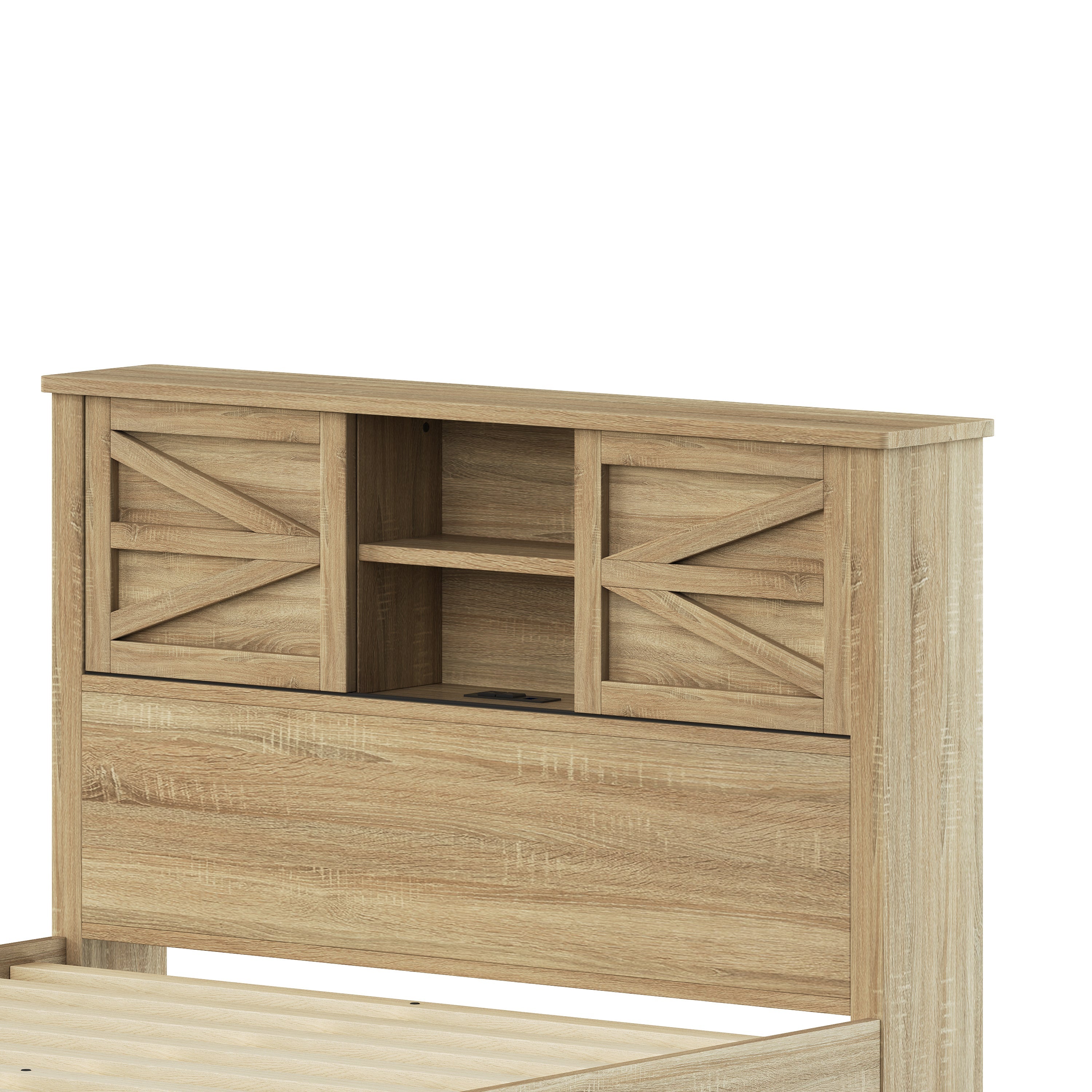 3-Pieces Bedroom Sets Full Size Farmhouse Platform Bed with Double Sliding Door Storage Headboard and Charging Station, Storage Nightstand and Dresser, Natural