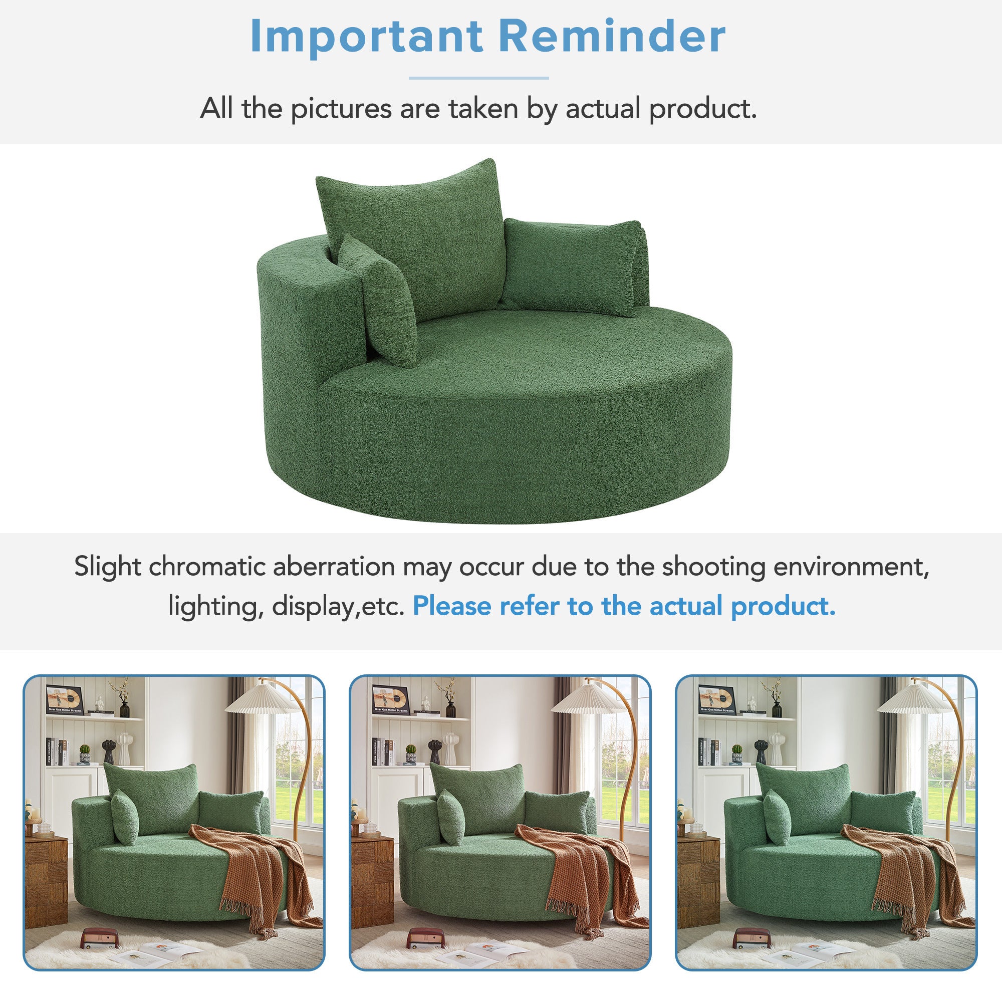 Modern 360° Swivel Accent Barrel Chair with Removable Pillows in Green Chenille for Living Room and Office