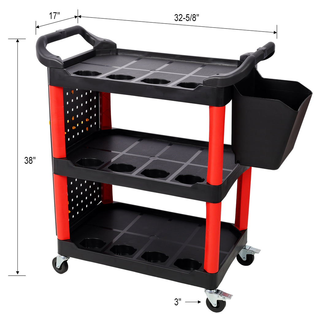 3 Tier Rolling Auto Detail Cart With Wheels,With Bucket & Panel & Hook,for Detailers Garage, Workshop, Repair Shop, Storage Tool,Red&Black