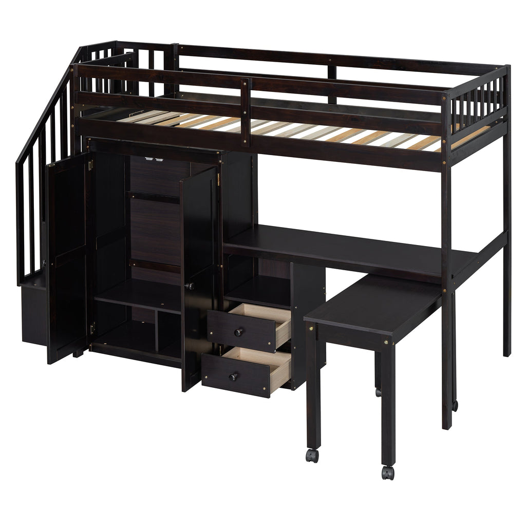 Twin Size Loft Bed with Stairs, Bookshelf, Drawers, Desk & Wardrobe – Space-Saving Multifunctional Furniture for Kids & Teens-Espresso