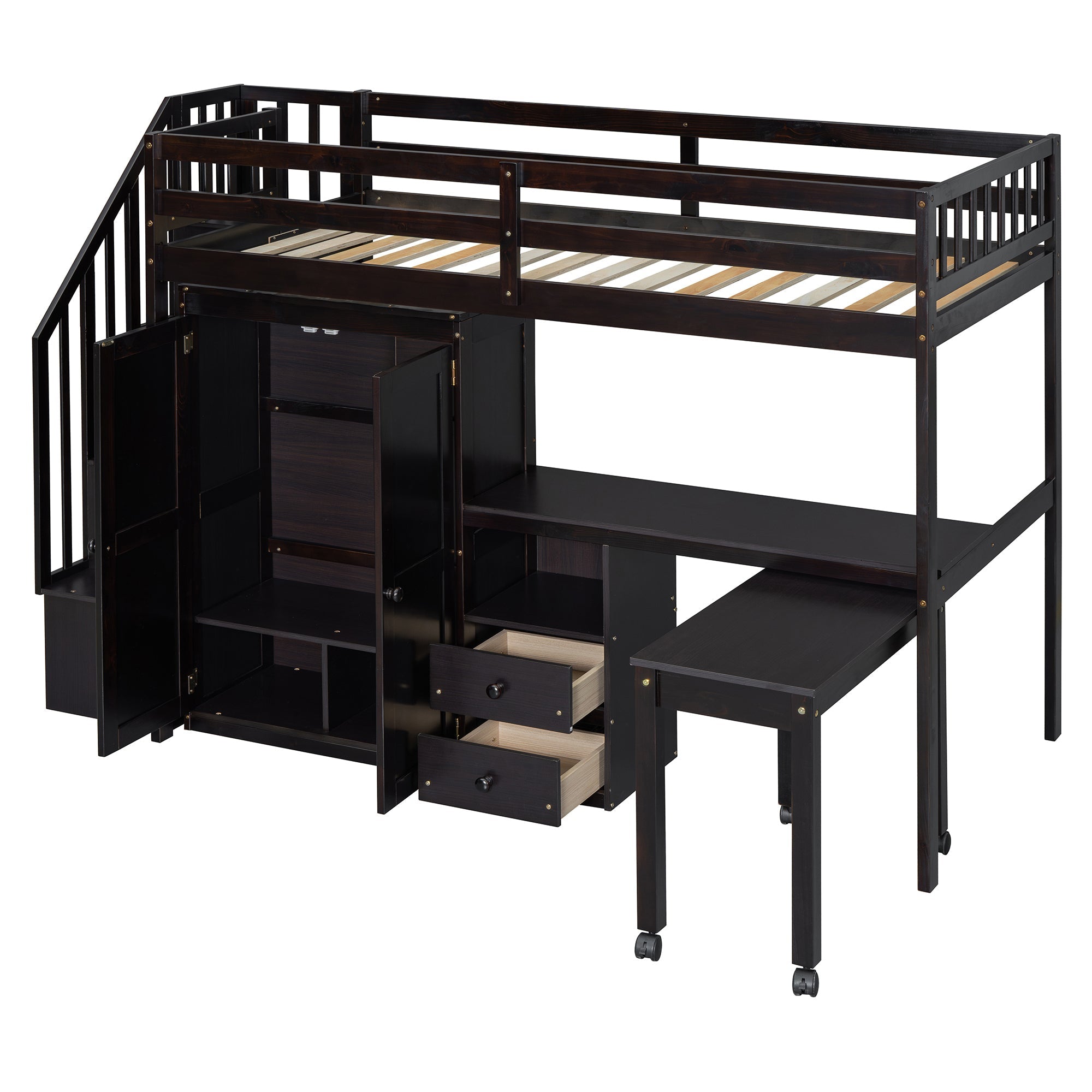 Twin Size Loft Bed with Stairs, Bookshelf, Drawers, Desk & Wardrobe – Space-Saving Multifunctional Furniture for Kids & Teens-Espresso
