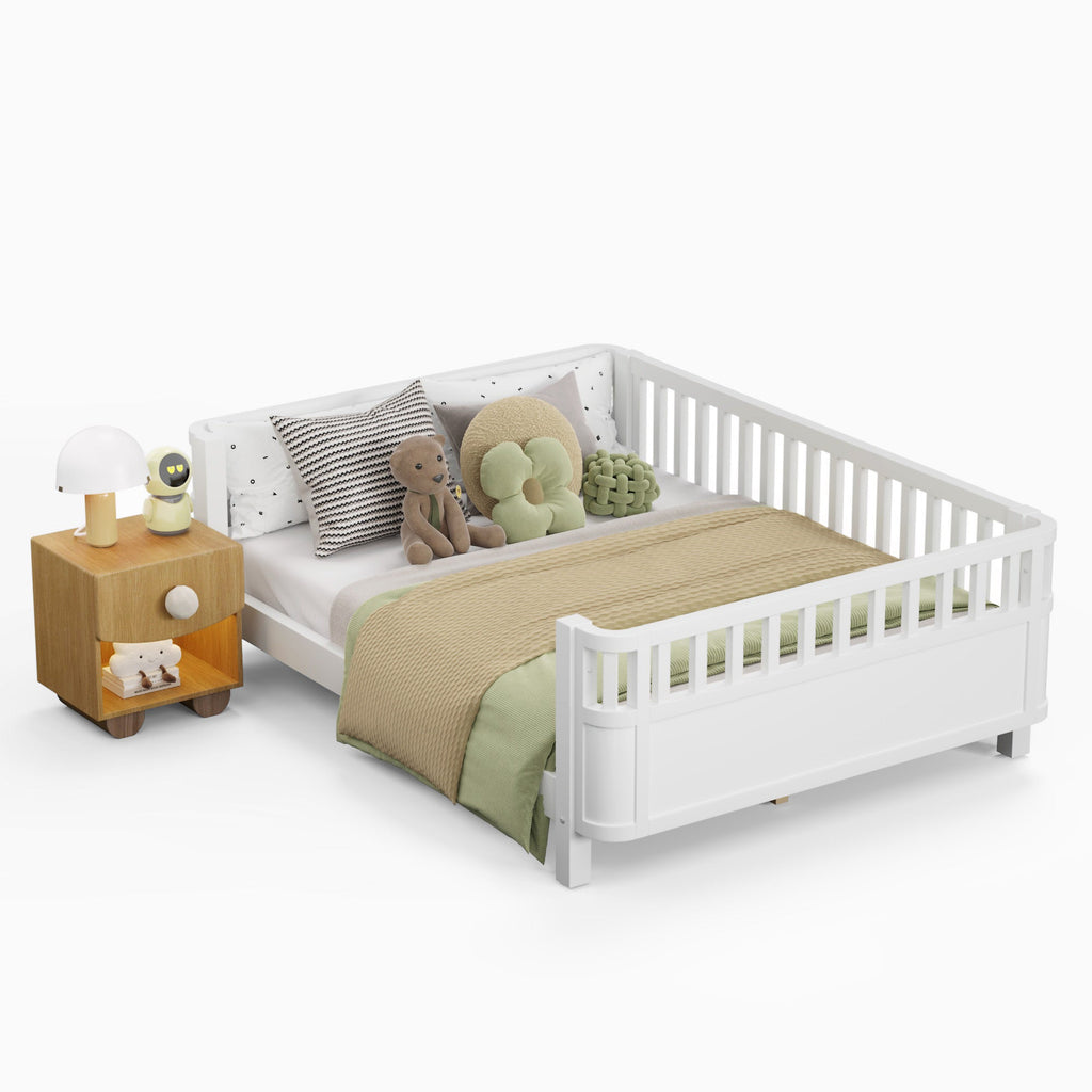 Full Size Wood Platform Bed for Kids, Wood Low Profile Full Bed with Rails for Girls and Boys, White (Patented Design, Old SKU W2593P233767)