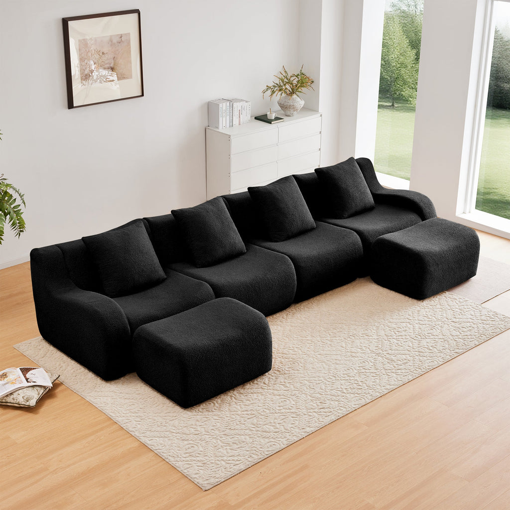 U-Shaped Boneless Sofa,Teddy Fabric No assembly required Curved armrest,Anti-slip Design,Streamlined Design 32D High Density Sponge,Full Compression Vacuum Packag,For Studies living Rooms,Black