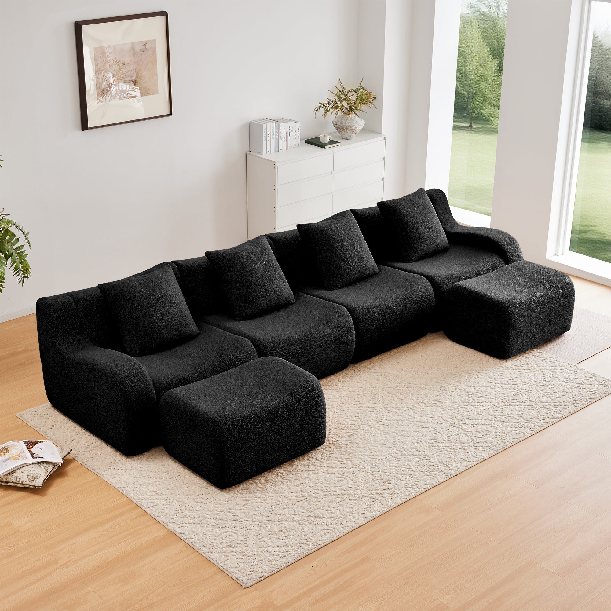 U-Shaped Boneless Sofa,Teddy Fabric No assembly required Curved armrest,Anti-slip Design,Streamlined Design 32D High Density Sponge,Full Compression Vacuum Packag,For Studies living Rooms,Black