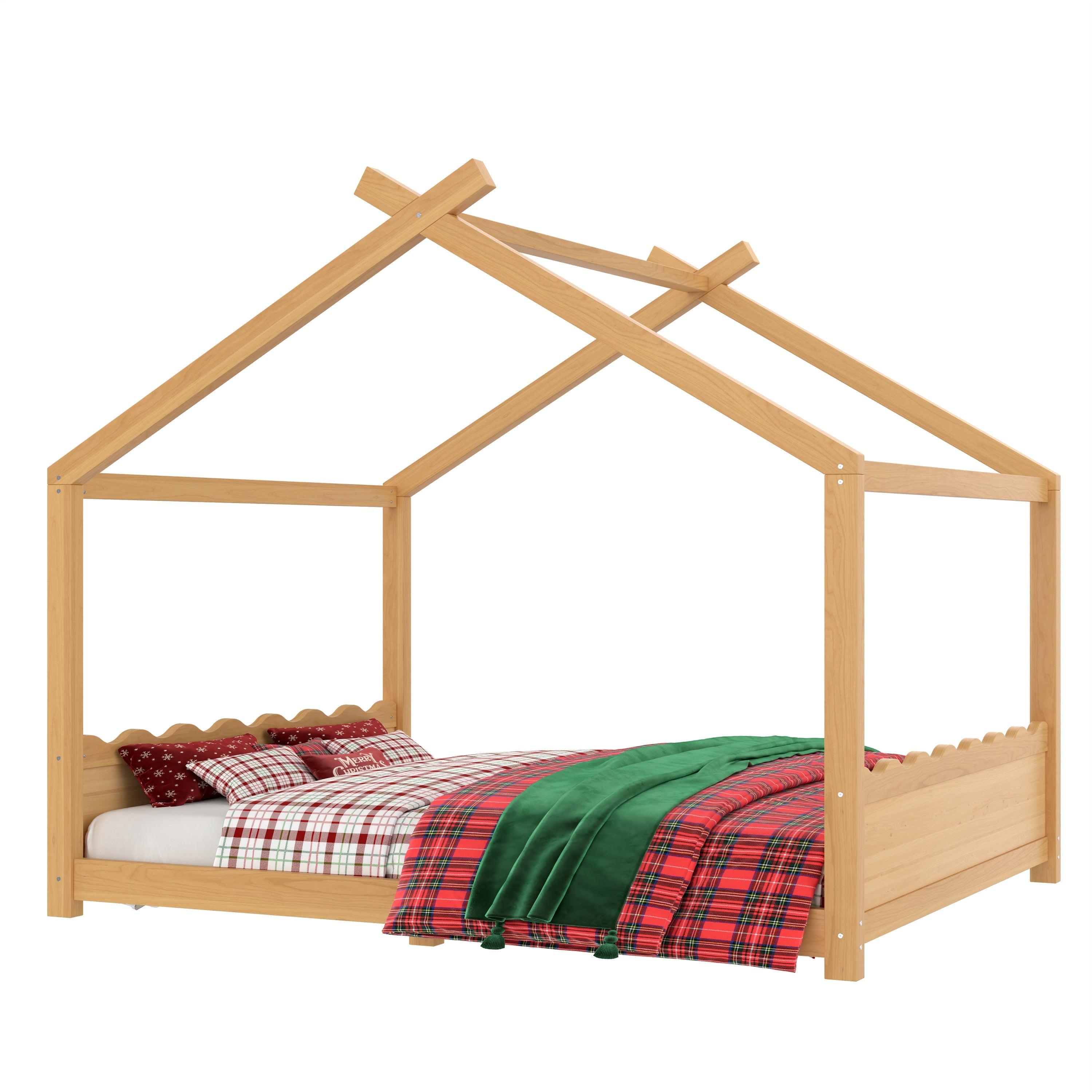 Queen House Floor Bed with Support Slats, Solid Wood House Bed Frame for Kids, No Box Spring Needed and Opening Constructure, Natural