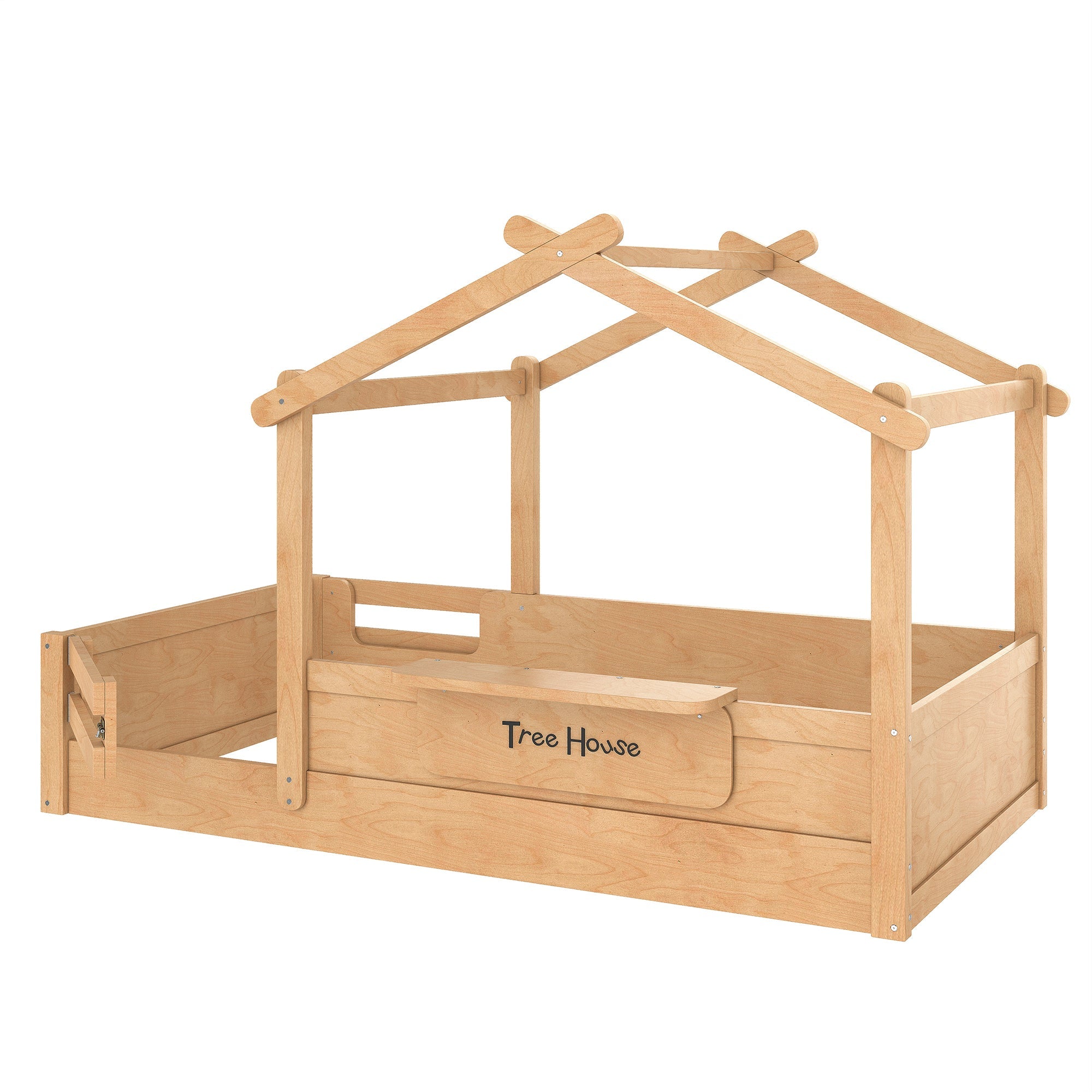 Twin Size Floor Bed with Guardrails and Roof, Kids House Floor Bed with a Small Built-in Tray and Free-installed Signboard, Childlike Design, Natural