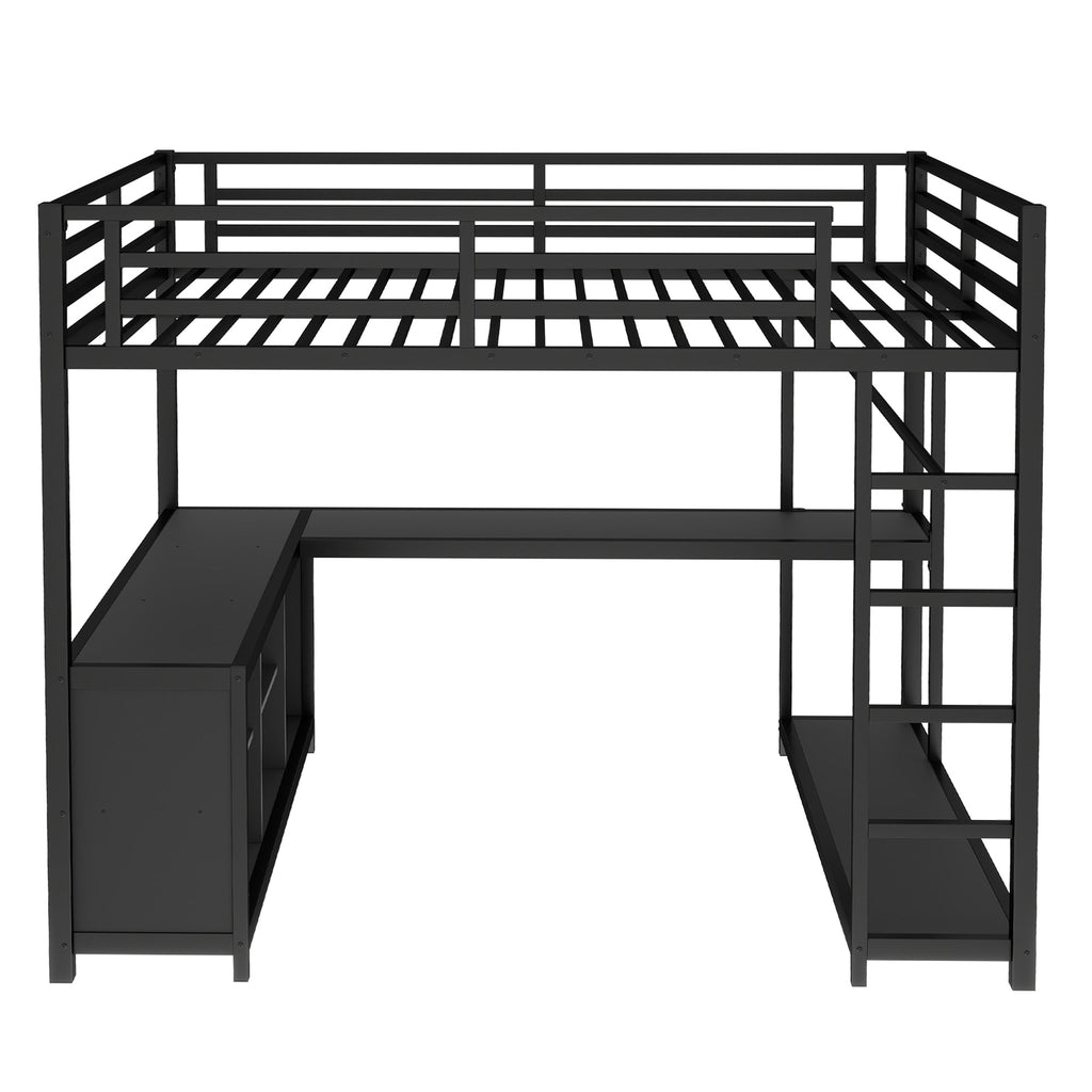 Metal Loft Bed with Wardrobe and L-shaped Desk, Queen Size Loft Bed with Storage Cubes and Shelves, Loft Bed for Kids Teens Adults, Black
