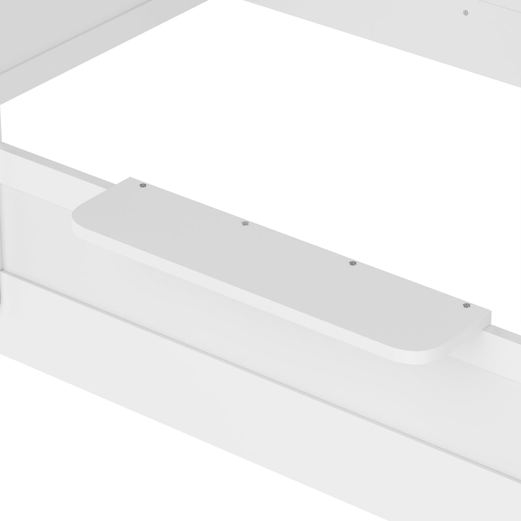 Full Size Floor Bed with Guardrails and Roof, Kids House Floor Bed with a Small Built-in Tray and Free-installed Signboard, Childlike Design, White
