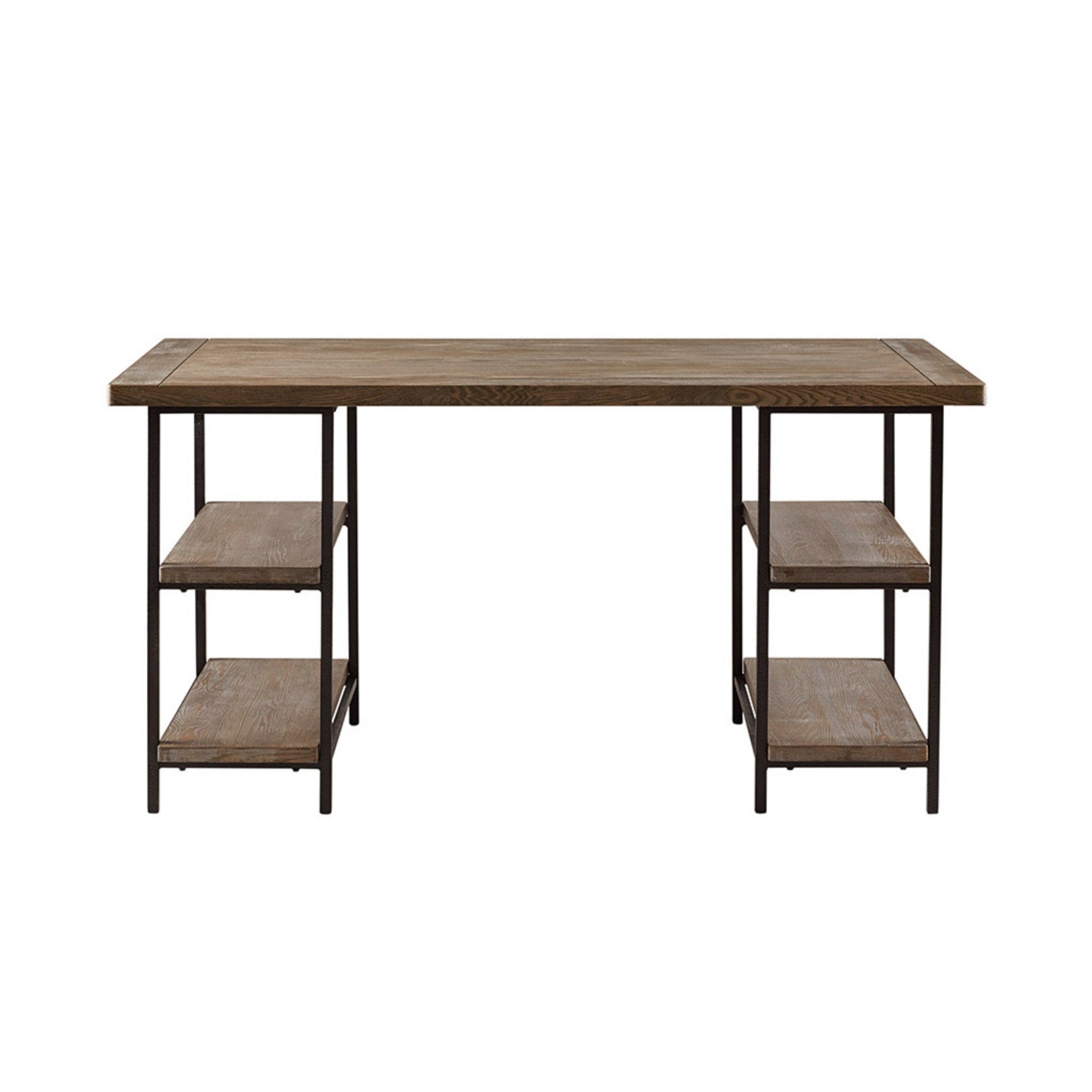 Industrial Style Metal Frame Accent Desk with Side Shelving in Reclaimed Grey Wood Finish