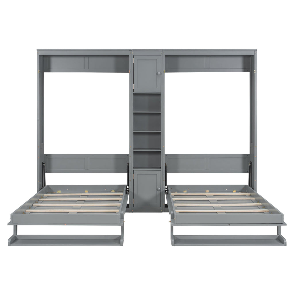 Dual Twin size Wall Murphy Beds with Cabinets and Shelves, Gray