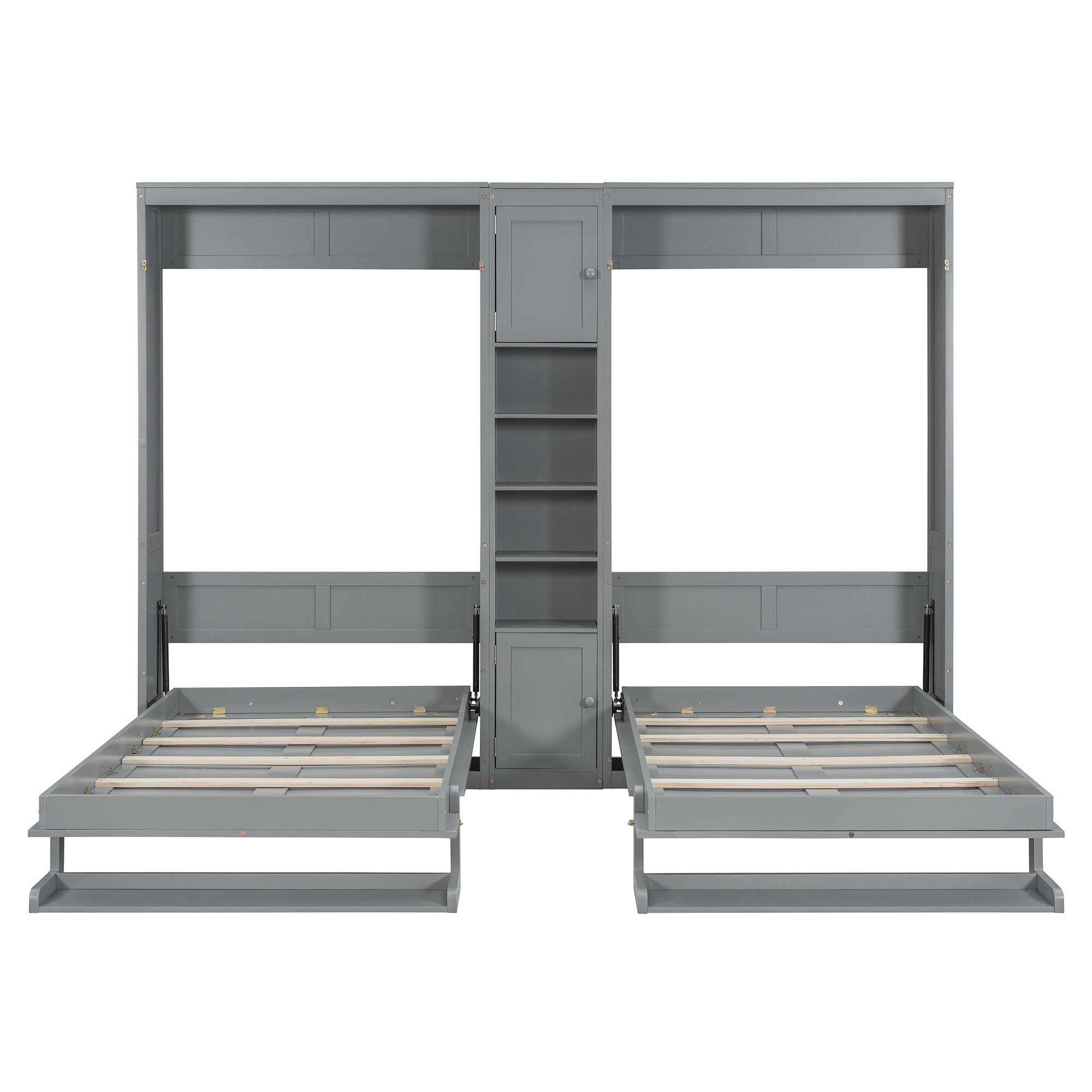 Dual Twin size Wall Murphy Beds with Cabinets and Shelves, Gray
