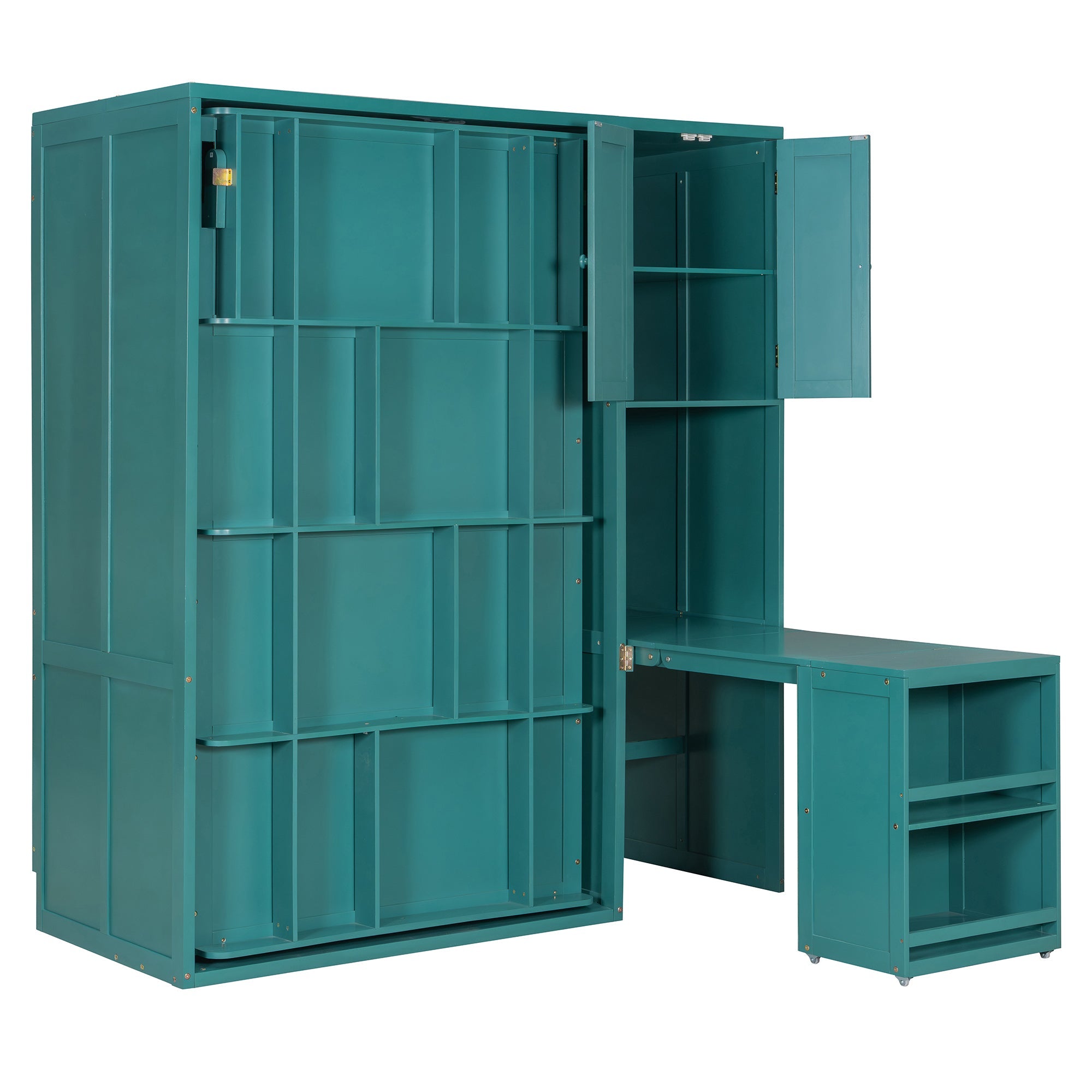 Twin Size Rotating Wall Murphy Beds with Bookshelf, Top Cabinet, Extendable Desk & Side Storage, Teal