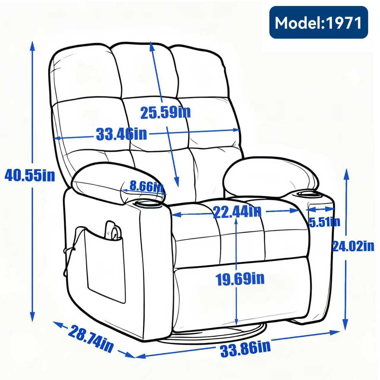 Heat Massage Manual Recliner Chair with Rocker and Swivel in Fabric for Living Room, Blue