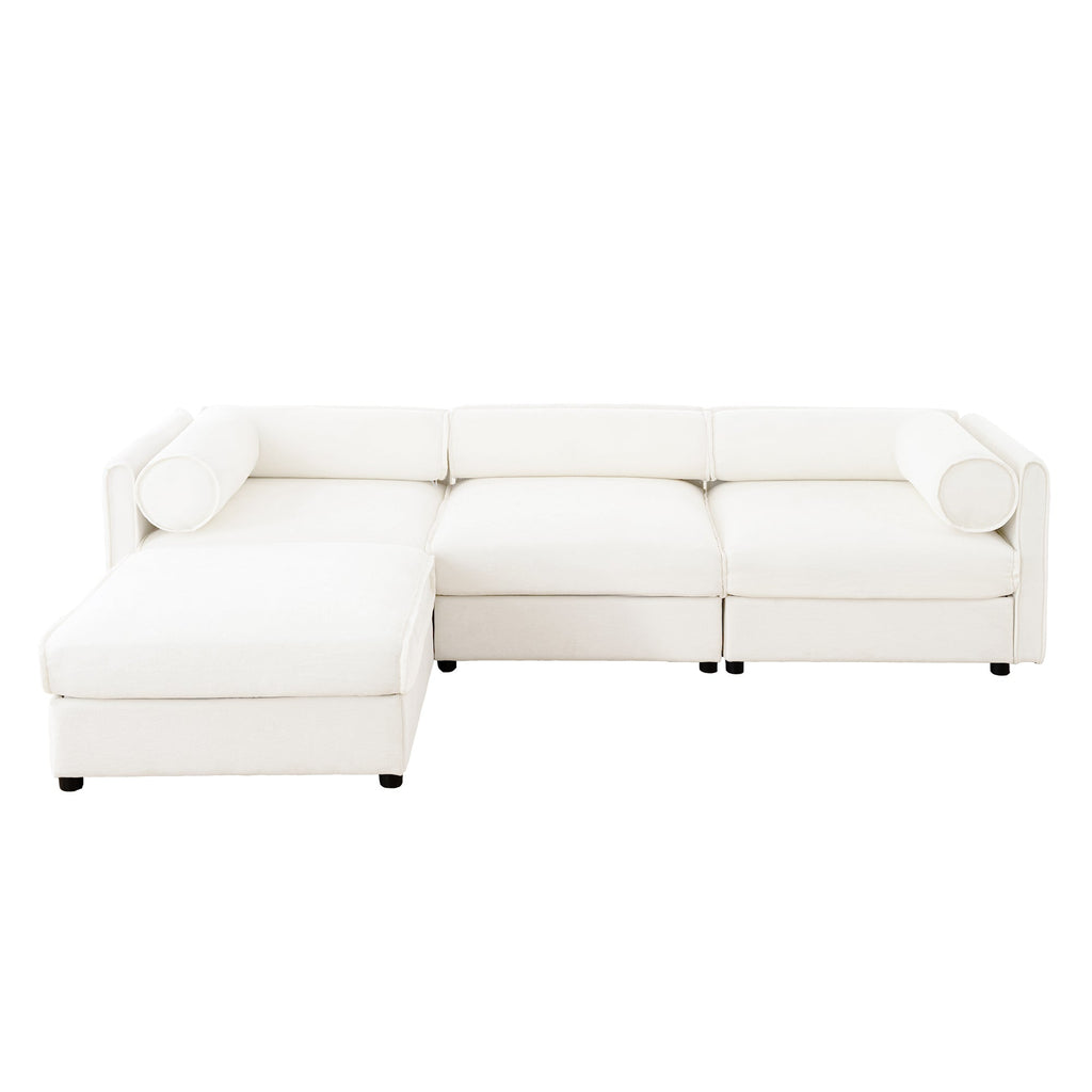 Elegant White Chenille  Sofa with Storage Seat and Ottoman, L-Shaped 3-Seater Cylindrical Backrest and Armrests, Contemporary 3-Seater Fabric Couch with Hidden Storage Compartment