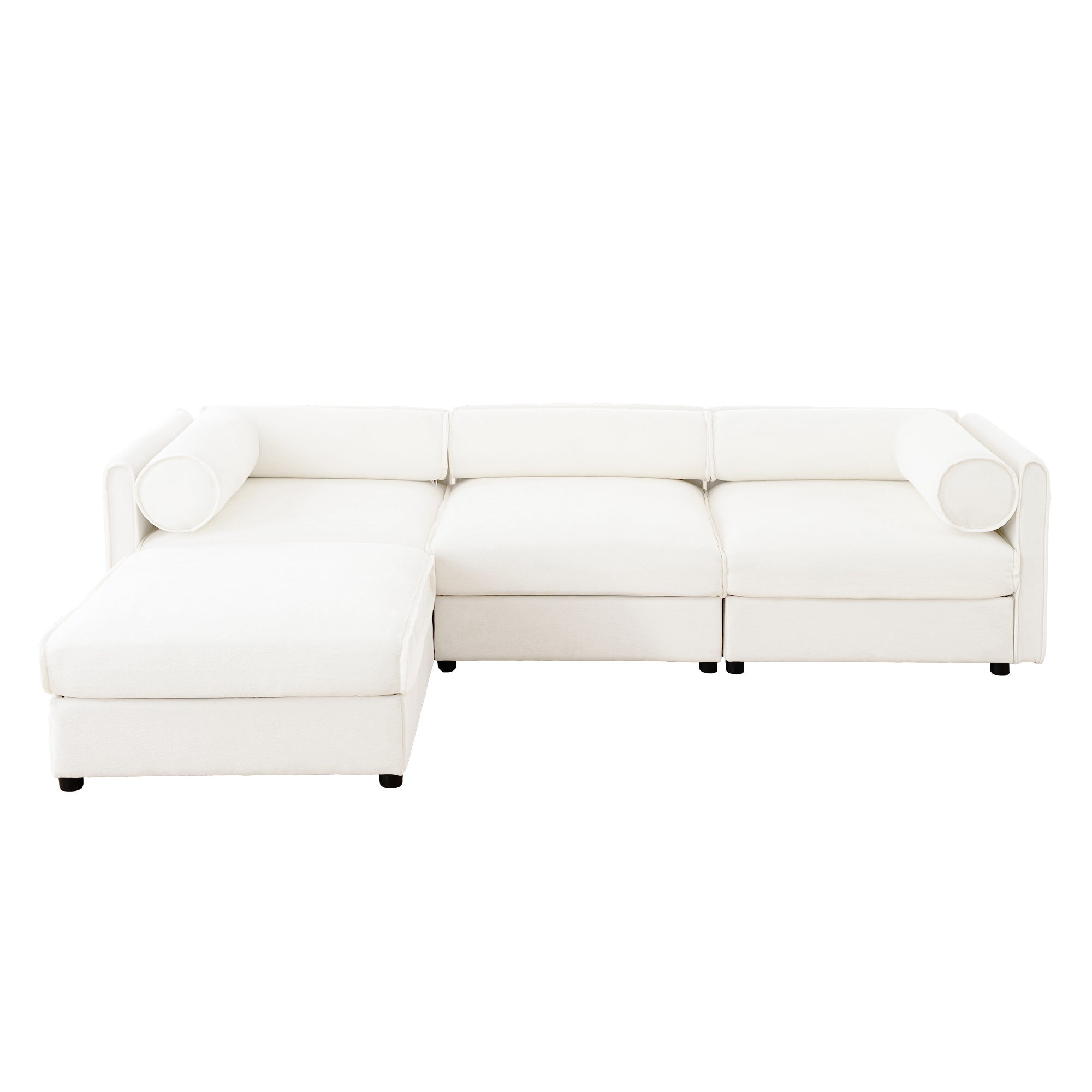 Elegant White Chenille  Sofa with Storage Seat and Ottoman, L-Shaped 3-Seater Cylindrical Backrest and Armrests, Contemporary 3-Seater Fabric Couch with Hidden Storage Compartment