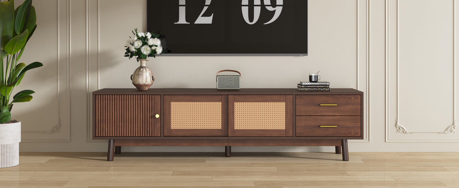 Mid Century Modern TV Stand for 80' TVs, Entertainment Center with Sliding Doors and Drawers, TV Table with Storage for Living Room, Bedroom