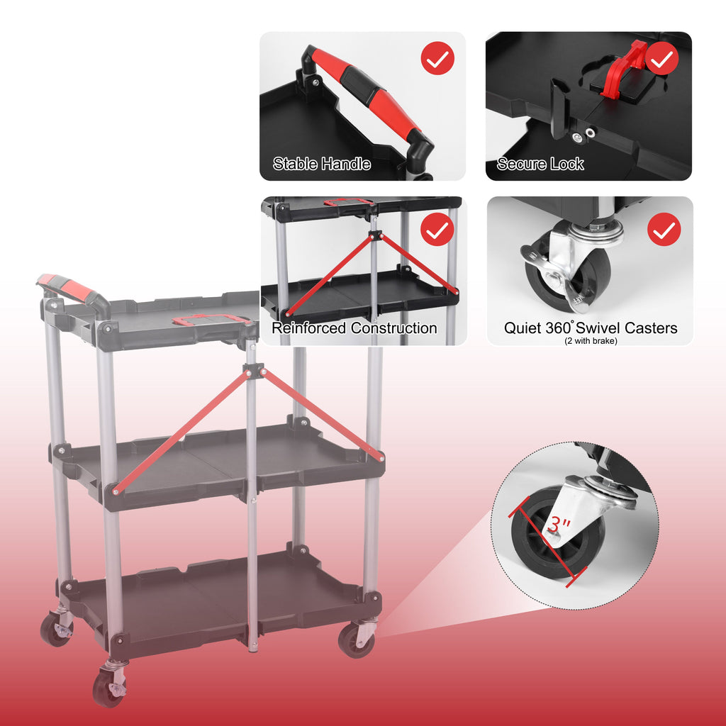 Foldable Utility Service Cart,  3 Shelf Heavy Duty Plastic Rolling Cart with 360° Swivel Wheels (2 with Brakes), Ergonomic Handle, Portable Garage Tool Cart for Warehouse Office Home