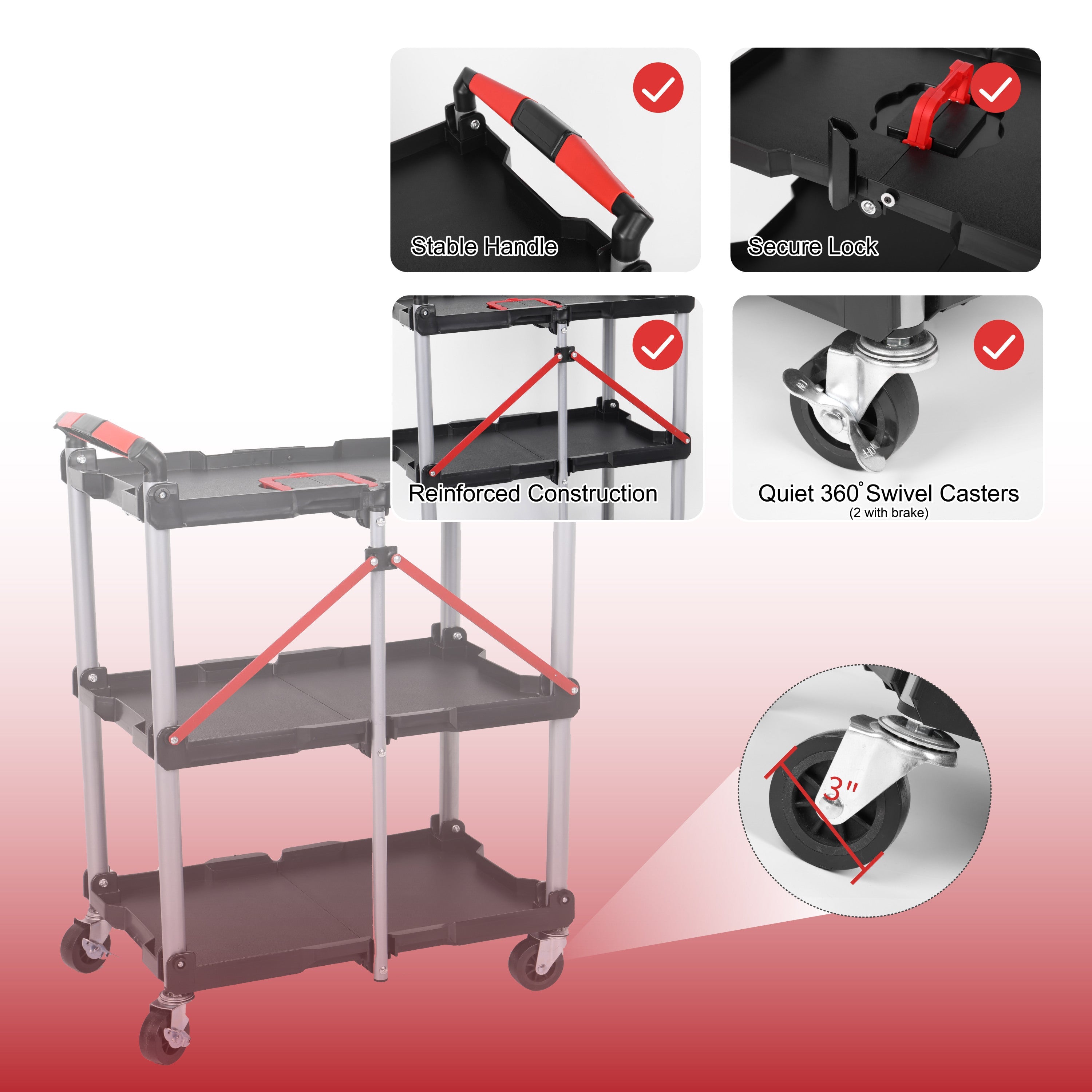 Foldable Utility Service Cart,  3 Shelf Heavy Duty Plastic Rolling Cart with 360° Swivel Wheels (2 with Brakes), Ergonomic Handle, Portable Garage Tool Cart for Warehouse Office Home