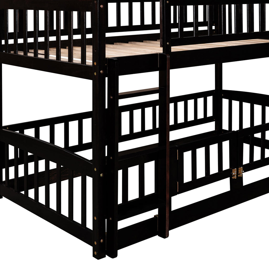 Bunk Bed with Slide,Twin Over Twin Low Bunk Bed with Fence and Ladder for Kids Teens Espresso