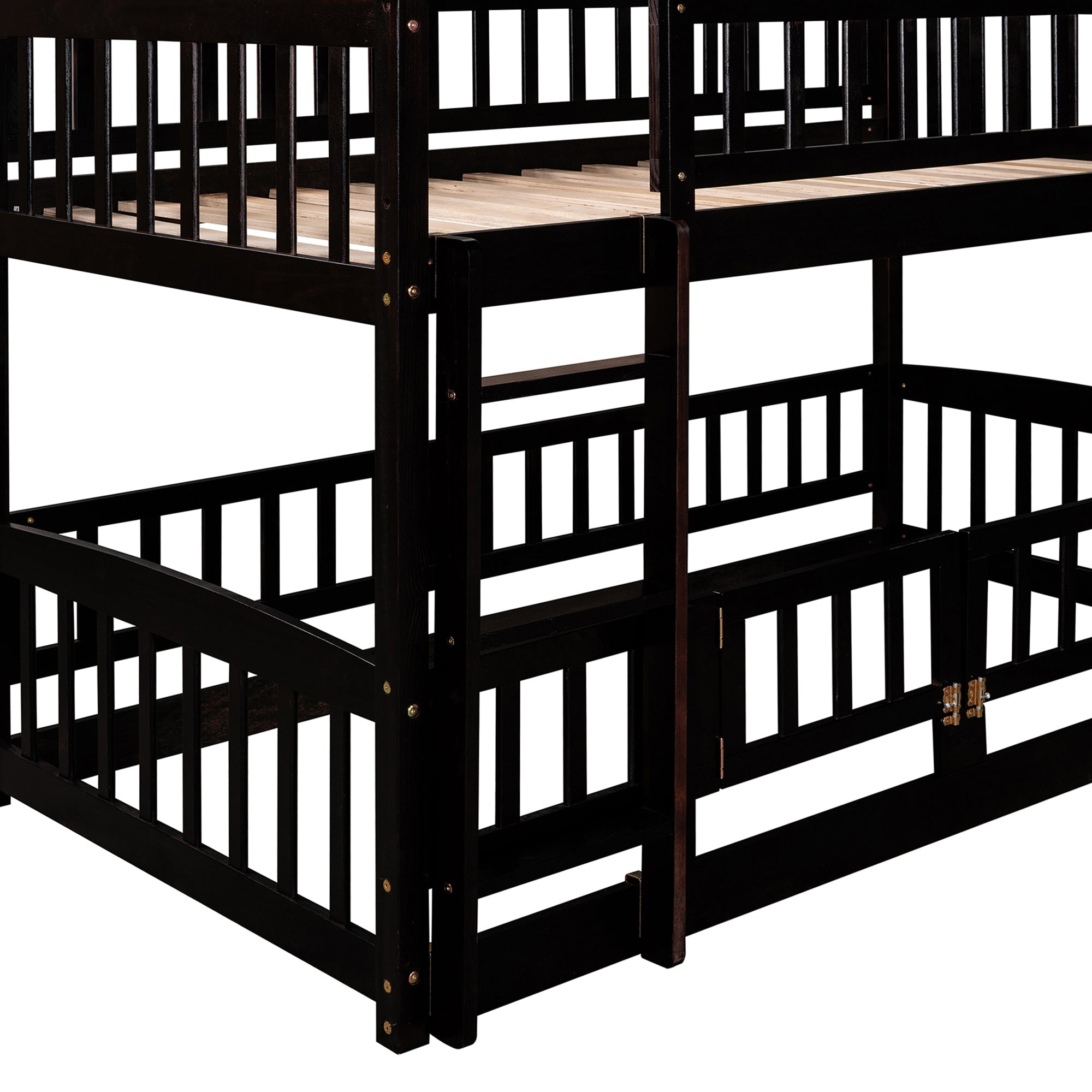 Bunk Bed with Slide,Twin Over Twin Low Bunk Bed with Fence and Ladder for Kids Teens Espresso