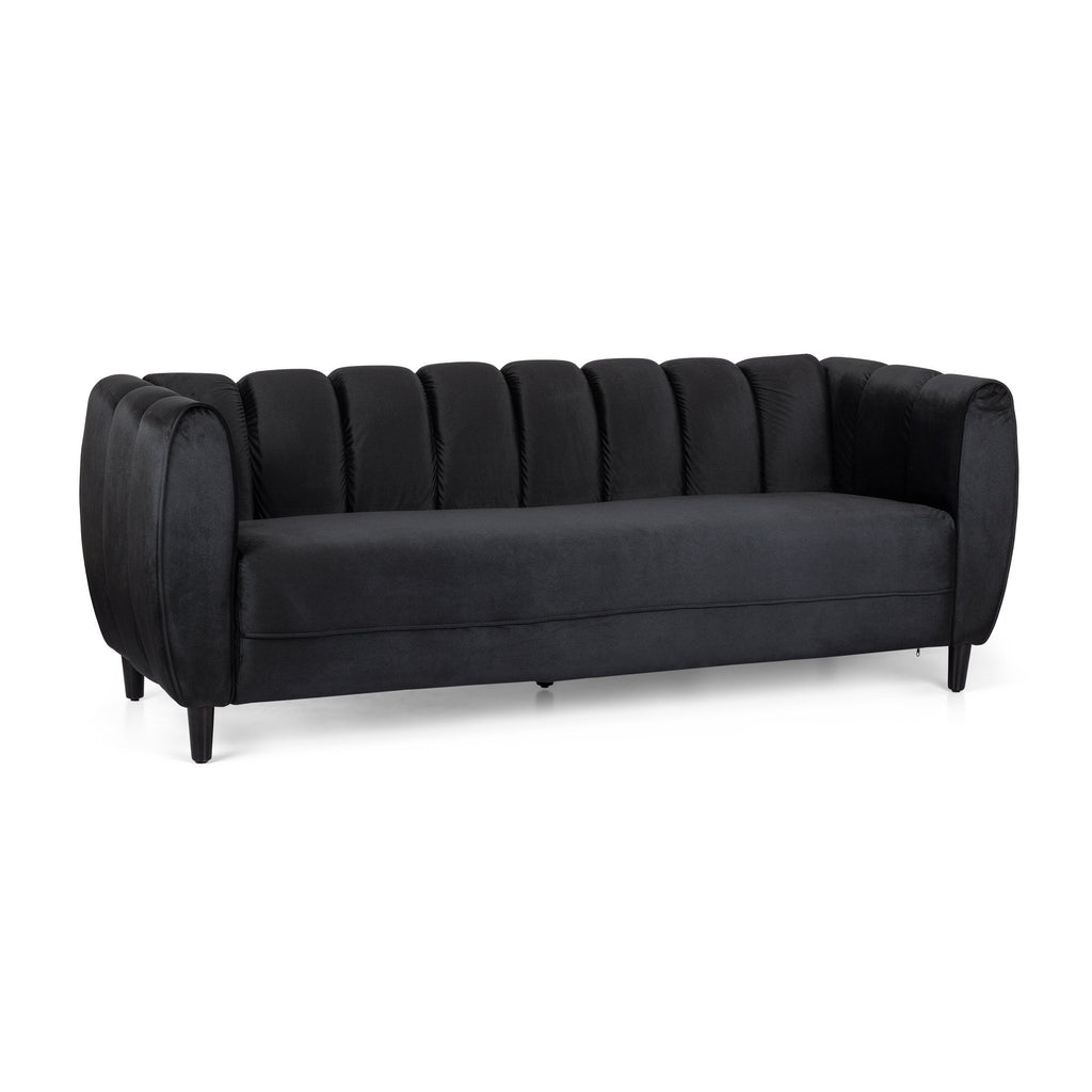 Miranda Modern Glam Velvet 3-Seater Sofa in Black with Birch Wood Legs