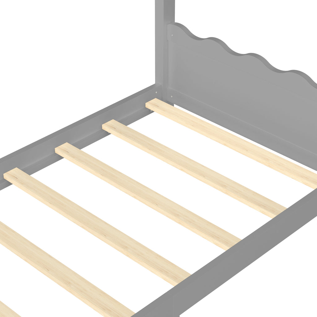 Twin House Floor Bed with Support Slats, Solid Wood House Bed Frame for Kids, No Box Spring Needed and Opening Constructure, Gray