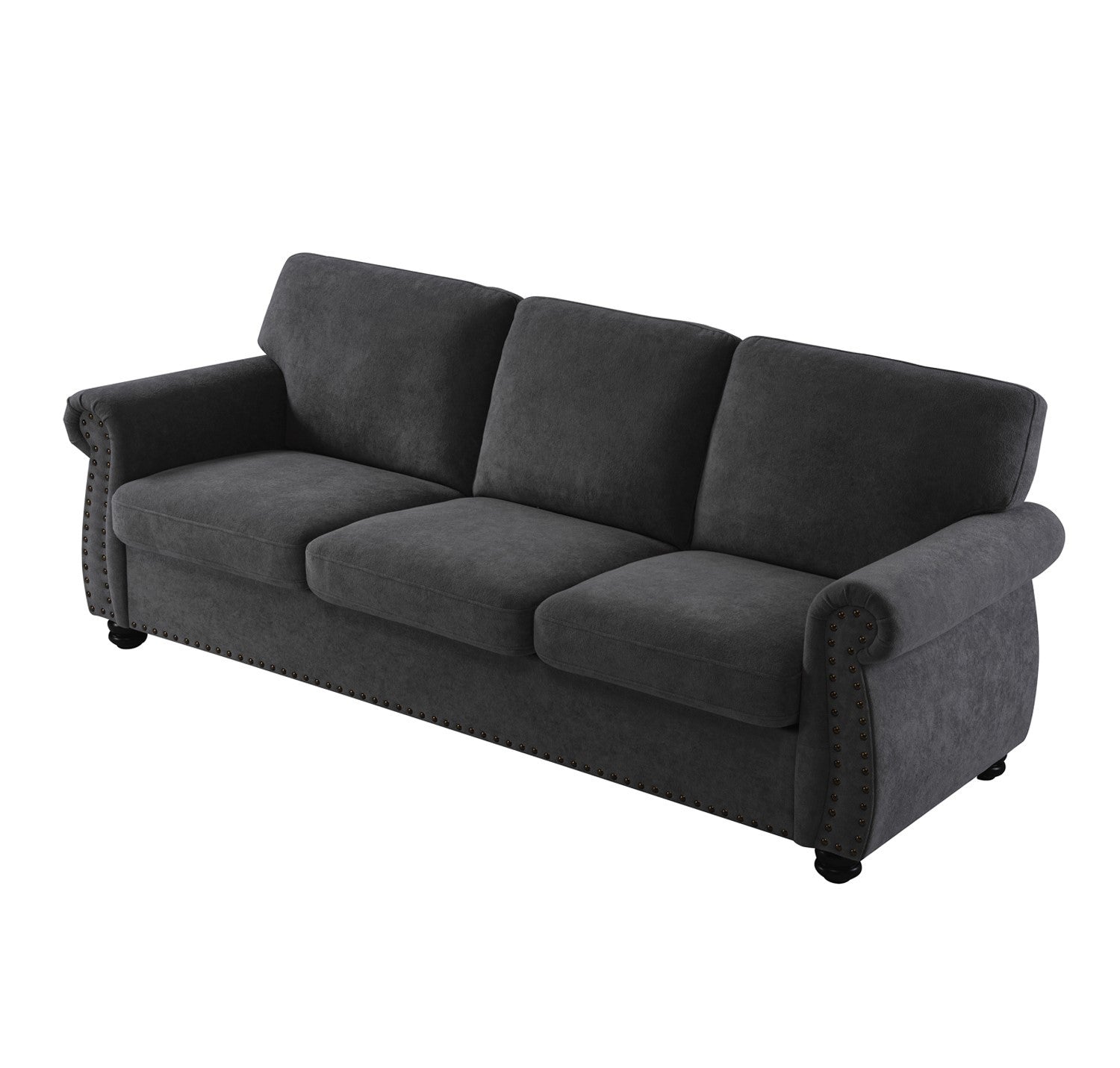 Soft Velvet Sofa, Upholstered 3 Seater Couch with High-Density Foam, Loose Back Cushions and Solid Wood Turned Legs, Chic Living Room Furniture for Home, Apartment and Office, Black