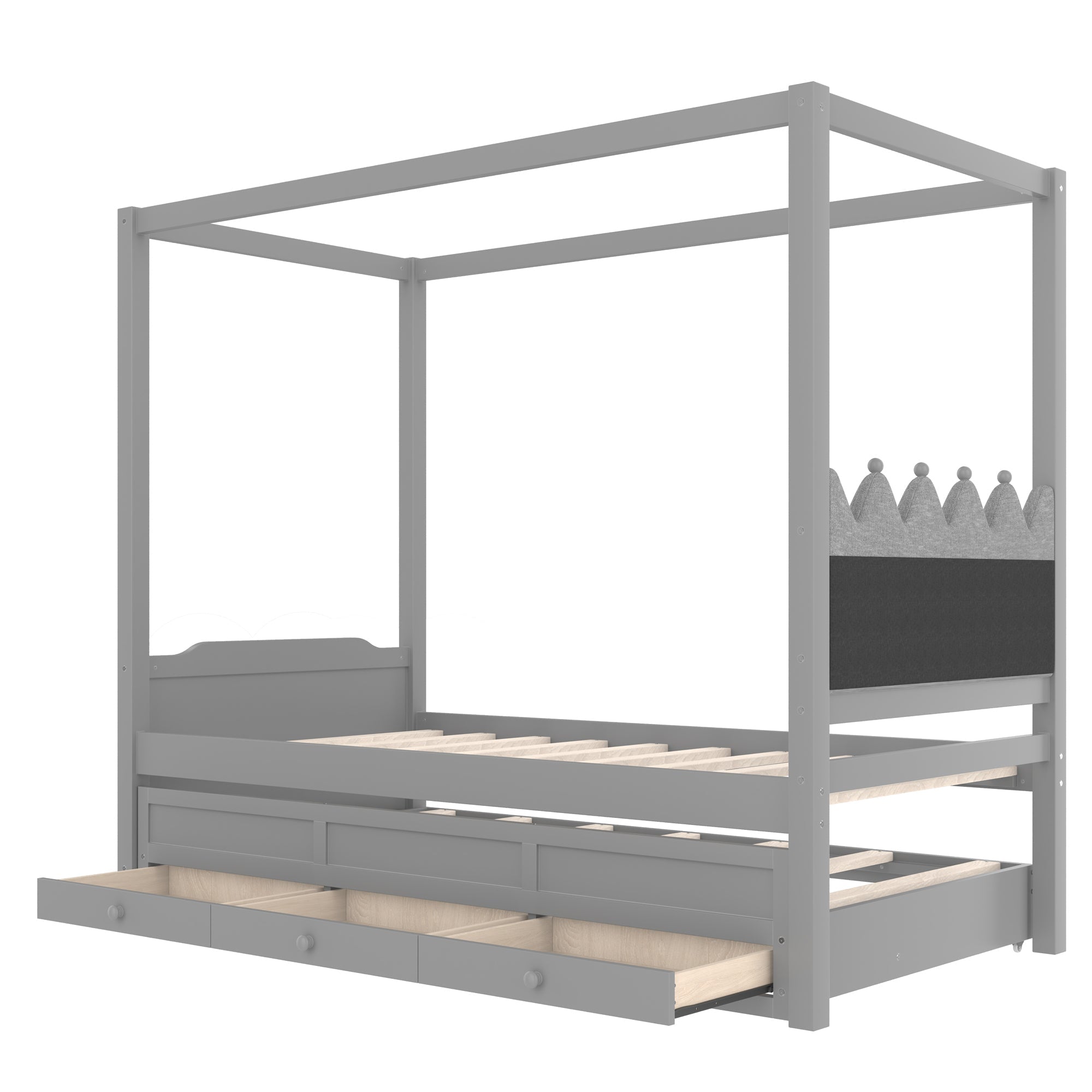Twin Platform Bed with Upholstered Headboard,Twin Size Trundle and 3 Drawers,Princess Canopy Bed Frame for Kids,Storage & Easy Assembly,Gray