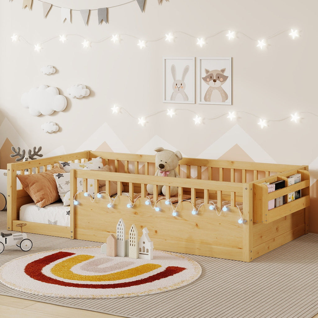 Twin Montessori Floor Bed Frame with High Rails, Wood Kids Floor Beds with Light and Storage Shelf, Natural (Expect Arrival Date 2025/8/15)