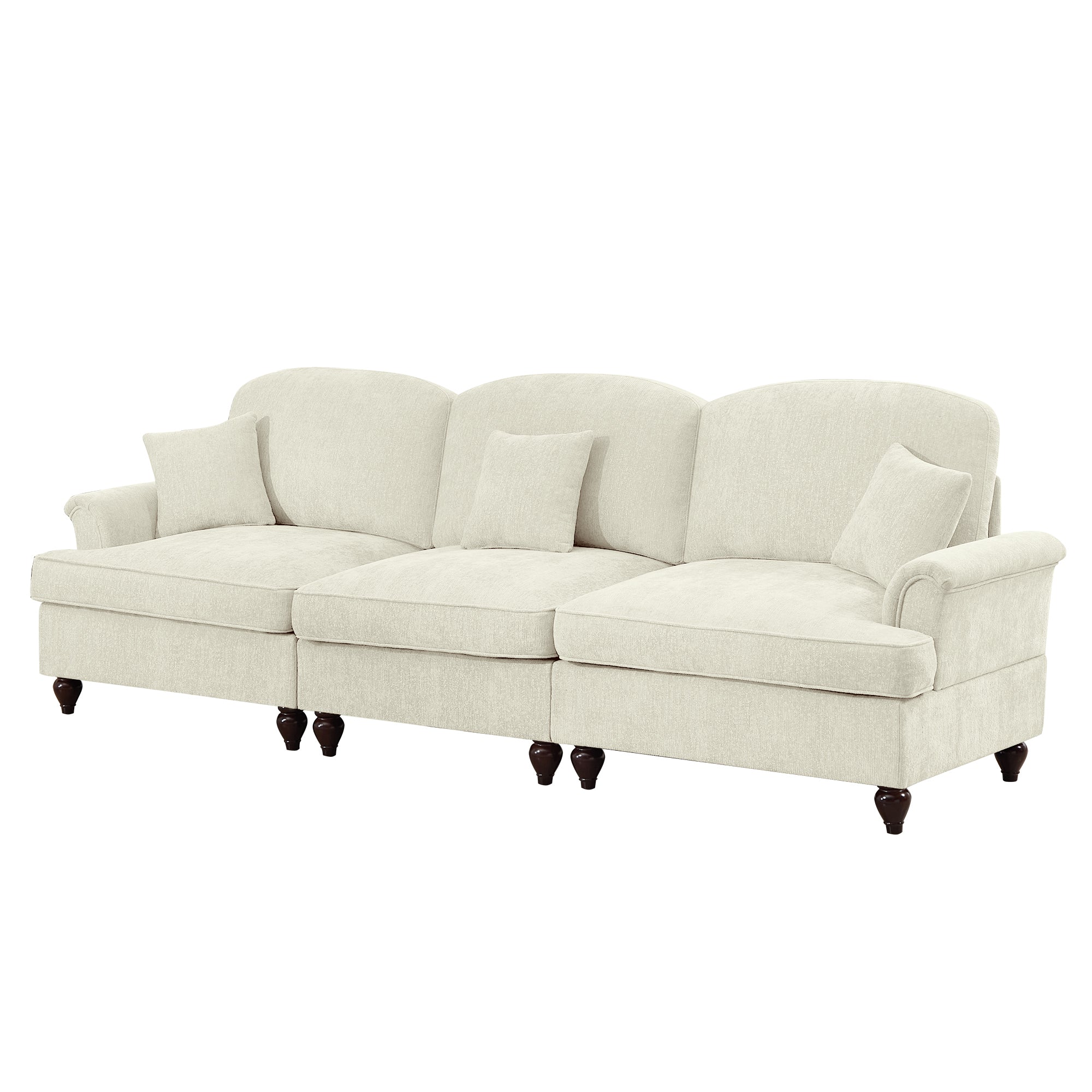 Elegant Mid Century Large 3 Seater Sofa Couch with Flared Arms and Removable Ruffles Pleats Skirts and Spindle Legs, Comfy Chenille Three-Seat Sofa for Living Room, Beige White
