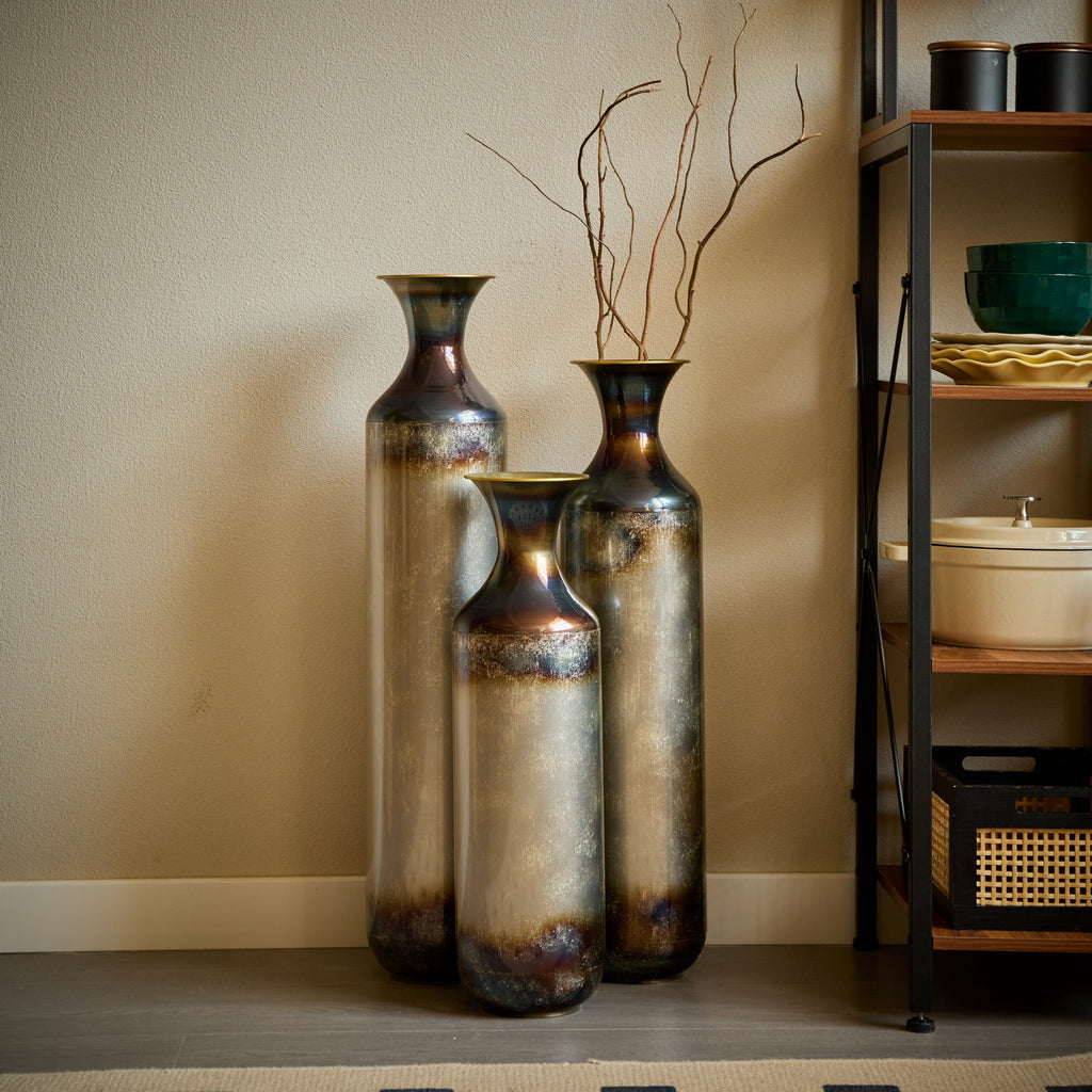 Modern Droplet-Shaped Floor Vase Set – Gold & White Glazed Metal Decorative Vases – 3-Piece Home Accent for Living Room or Entryway