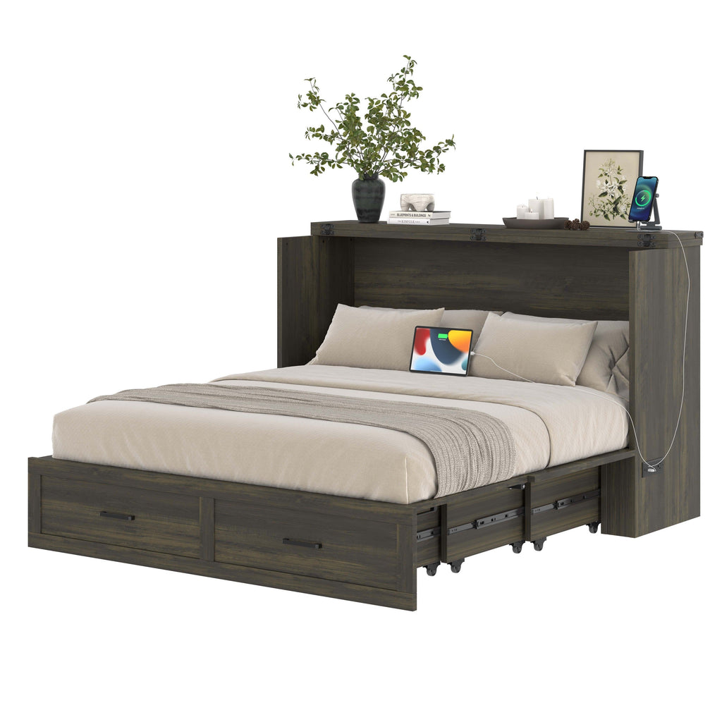 Murphy Bed Cabinet Queen Size with Charging Station, Multi-Functional Foldable Platform Bed with 1 Large Storage Drawer for Guest Room, Small Bedroom, Rustic Gray