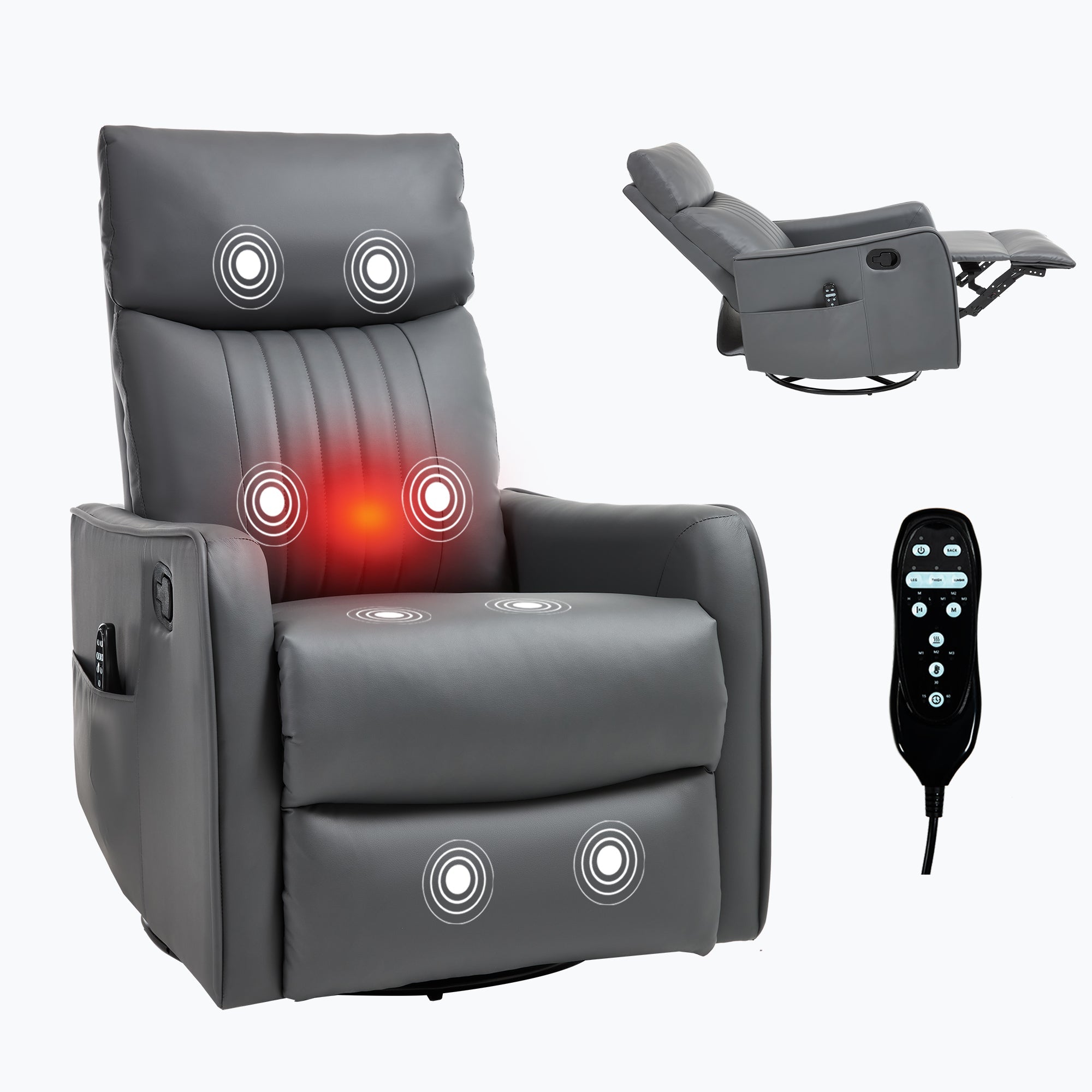Grey Faux Leather Heat Massage Manual Recliner Chair with Rocker and Swivel for Living Room