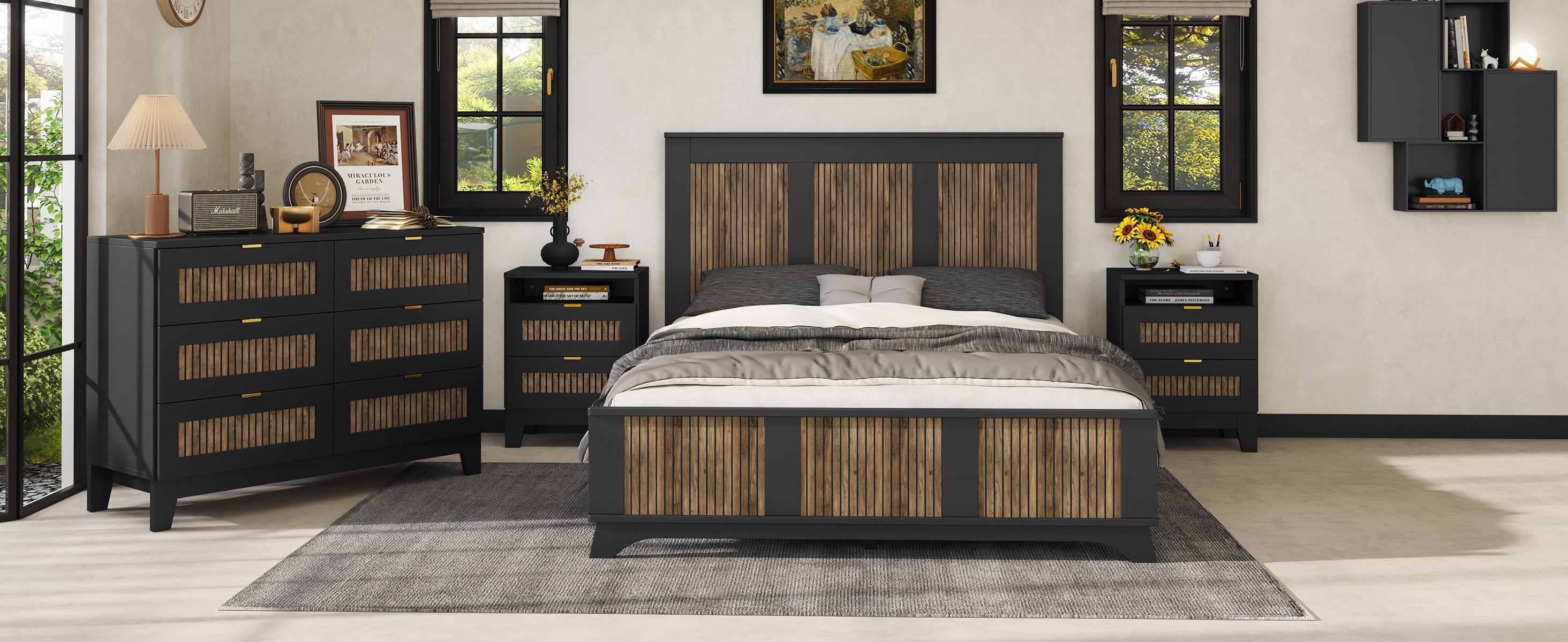 4-Pieces Bedroom Sets, Queen Size Farmhouse Platform Bed with Wooden Strip Stickers Decoration, Storage Nightstand and Dresser with Metal Handle, Black(Old SKU: HL000191AAB)