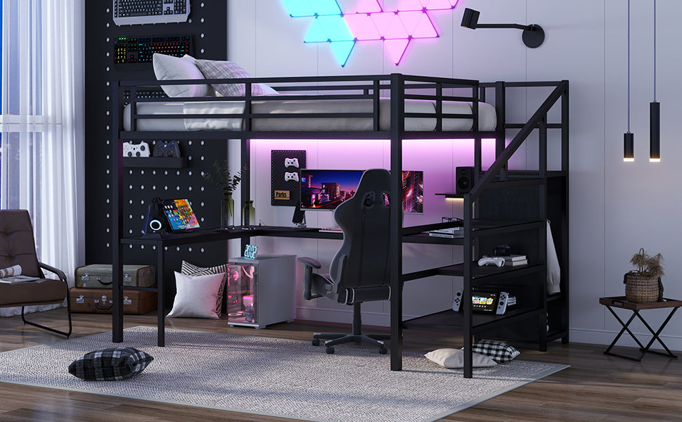 Queen Size Loft Bed with L-shaped Desk and USB, Metal Loft Bed with Wardrobe and Adjustable Shelf, High Loft Bed with LED for Kids Teens Adults, Black