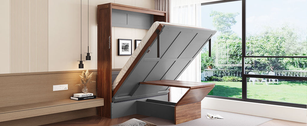 Full Size Murphy Bed with Foldable Desk – Space Saving Wall Bed - Walnut & Gray