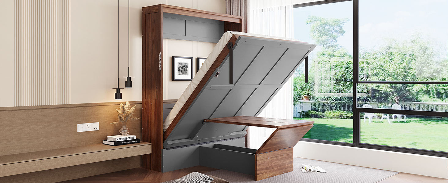 Full Size Murphy Bed with Foldable Desk – Space Saving Wall Bed - Walnut & Gray