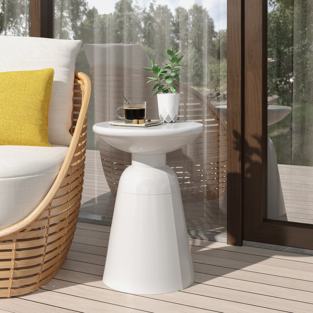 Modern Outdoor Metal End Table with Pedestal Design in White, Iron, 15 x 15 x 20.75 Inches