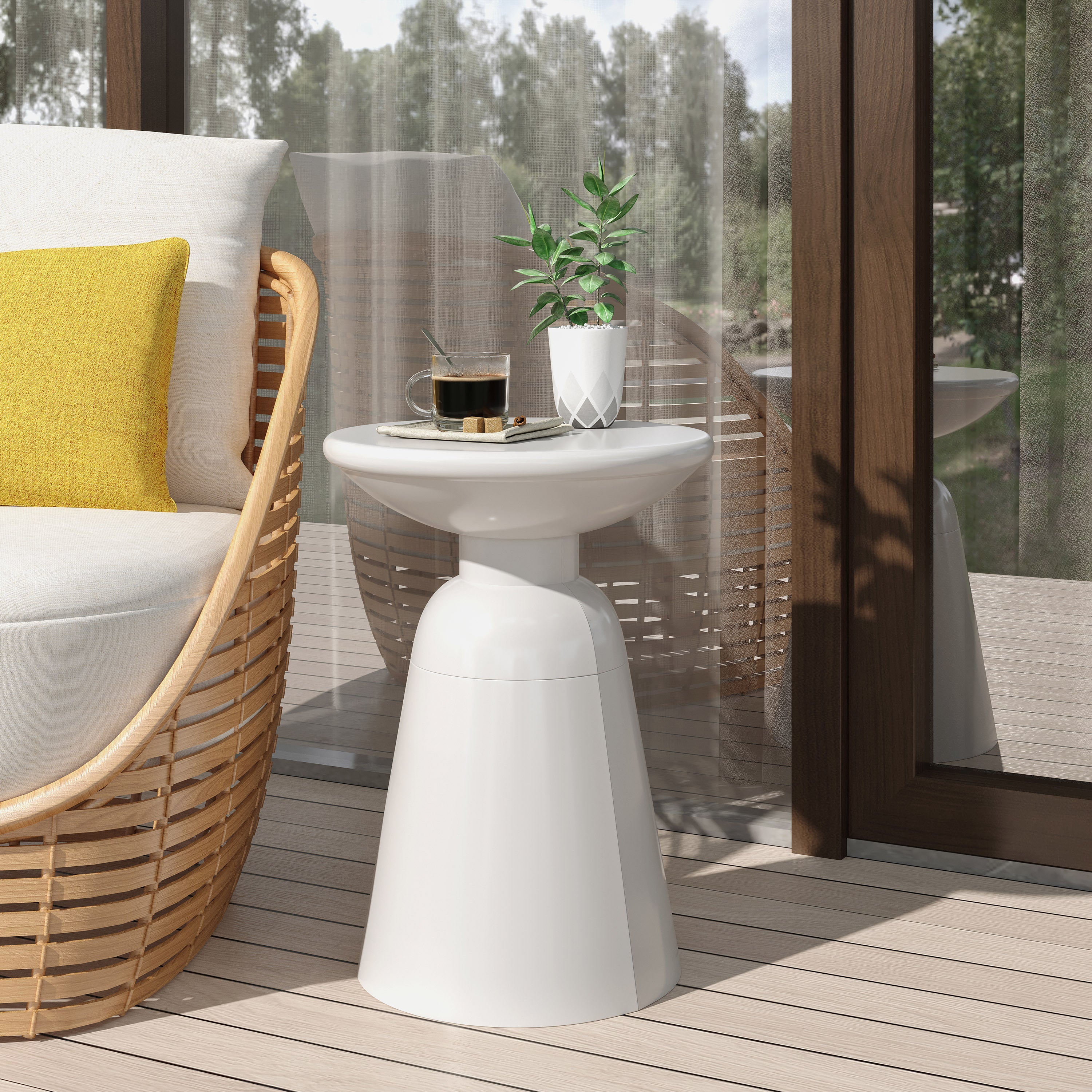 Modern Outdoor Metal End Table with Pedestal Design in White, Iron, 15 x 15 x 20.75 Inches