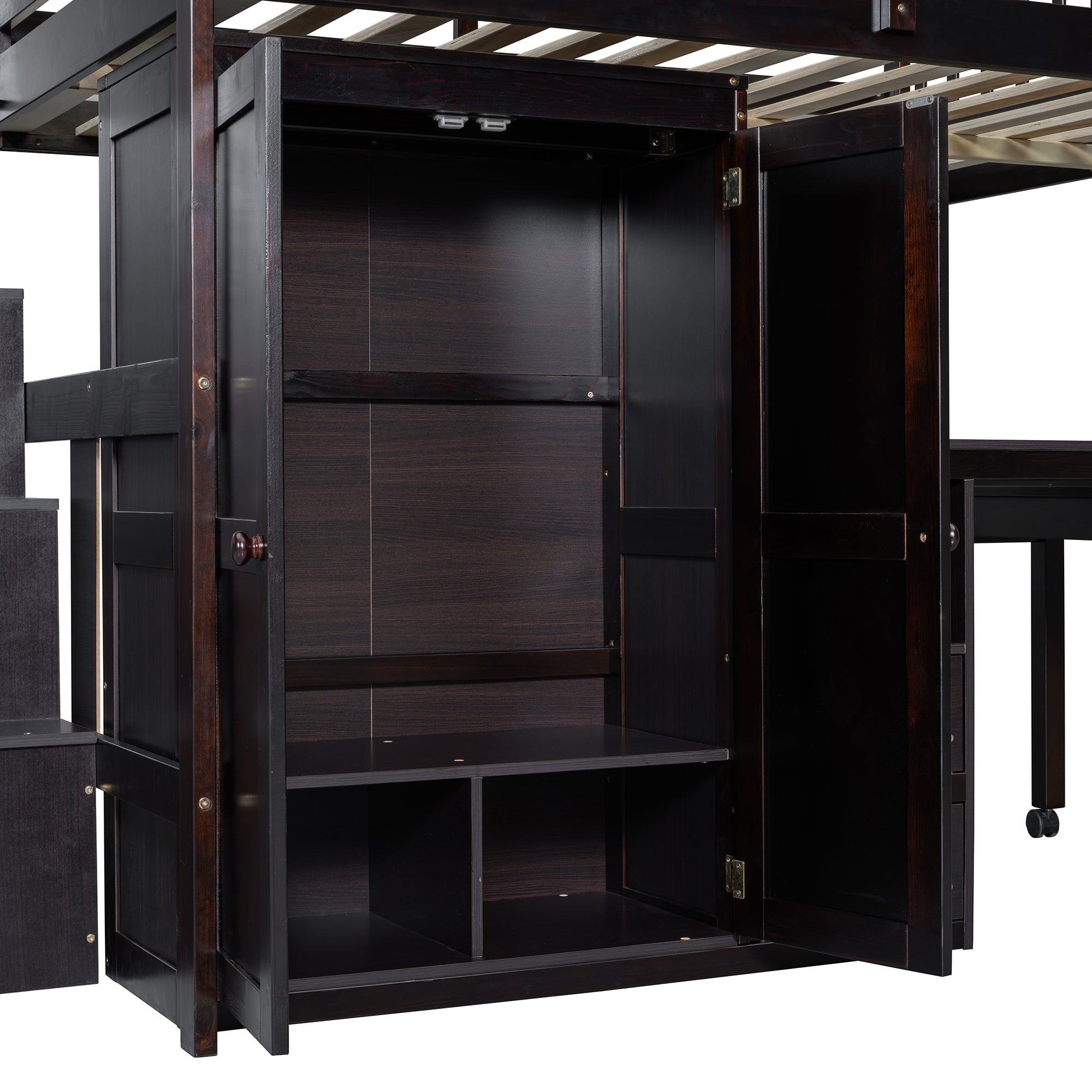 Full Size Loft Bed with Stairs, Bookshelf, Drawers, Desk & Wardrobe – Space-Saving Multifunctional Furniture for Kids & Teens-Espresso
