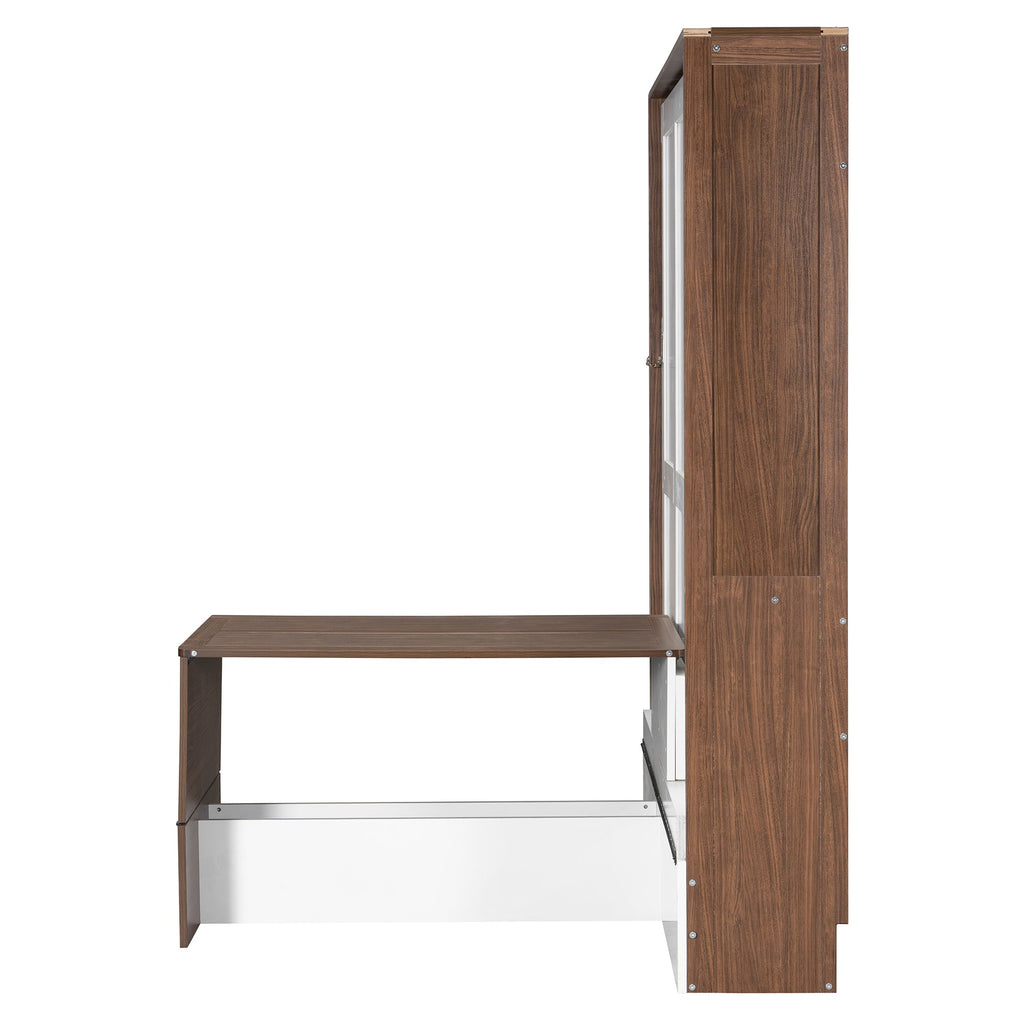 Full Size Murphy Bed with Foldable Desk – Space Saving Wall Bed - Walnut & White