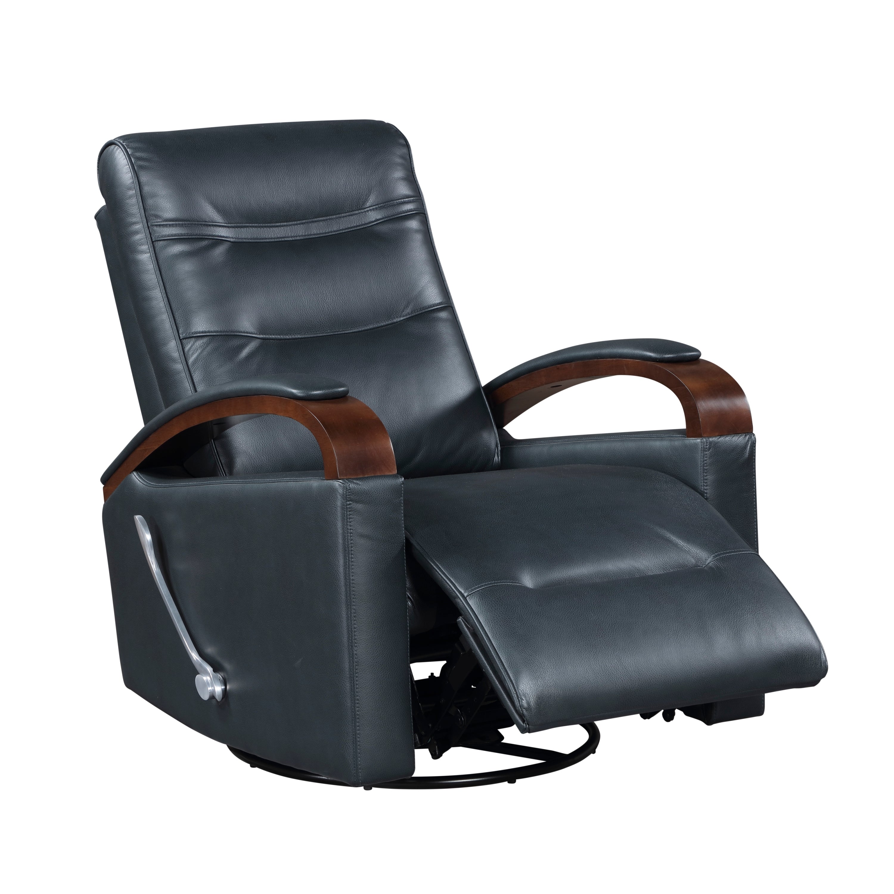 1pc Swivel Gliding Recliner Faux Leather Upholstered Solid Rubberwood Arms Luxurious Living Room Furniture, Navy