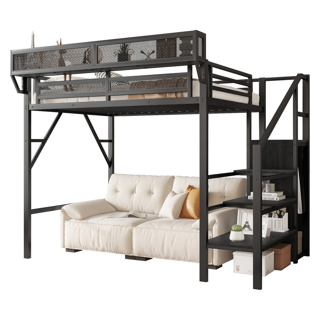 Twin Size Loft Bed with Stairs, Metal Full Loft Bed with Storage Shelves, High Loft Bed with Wardrobe for Kids Teens, Black(Expect Arrival Date 2025/9/22)